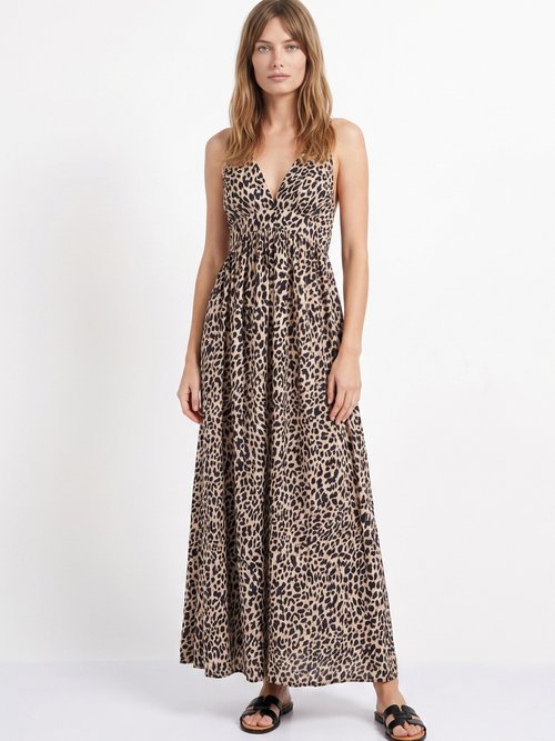 Robe longue sans manches, motif léopard Femme Beige IA-R6130-3 FA1