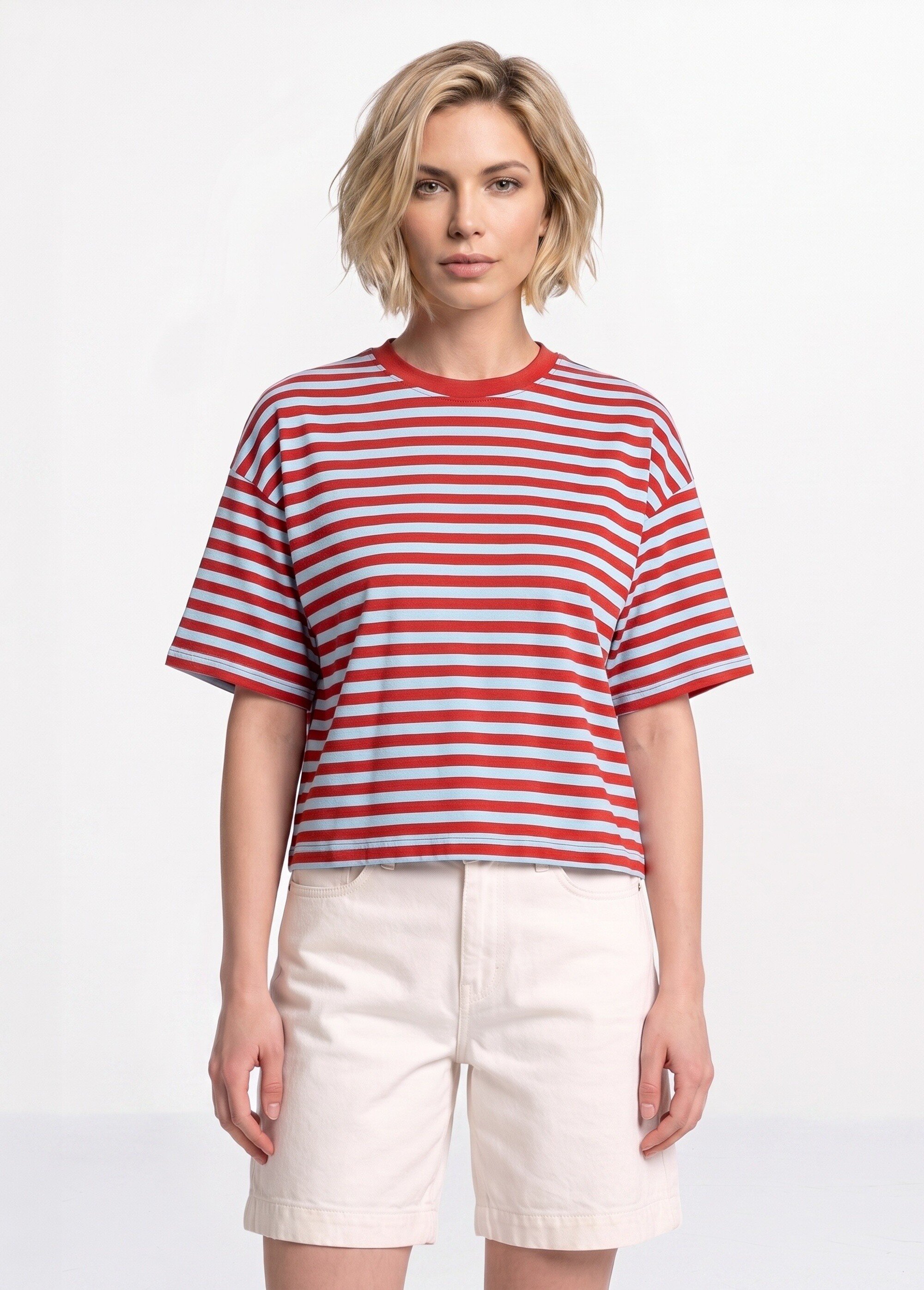 T-shirt col rond, rayures contrastées Femme Rouge IA-M1309 FA1