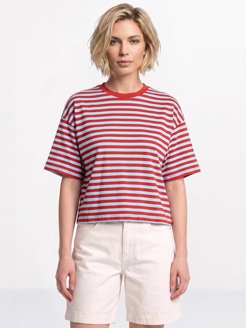 T-shirt col rond, rayures contrastées Femme Rouge IA-M1309 FA1