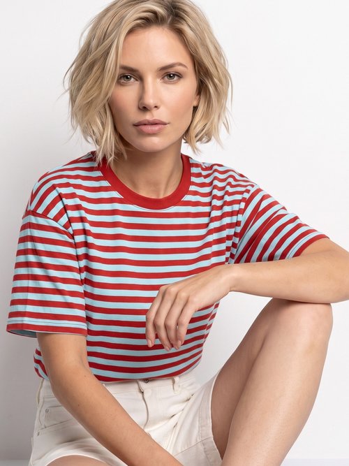 T-shirt col rond, rayures contrastées Femme Rouge IA-M1309 MV1