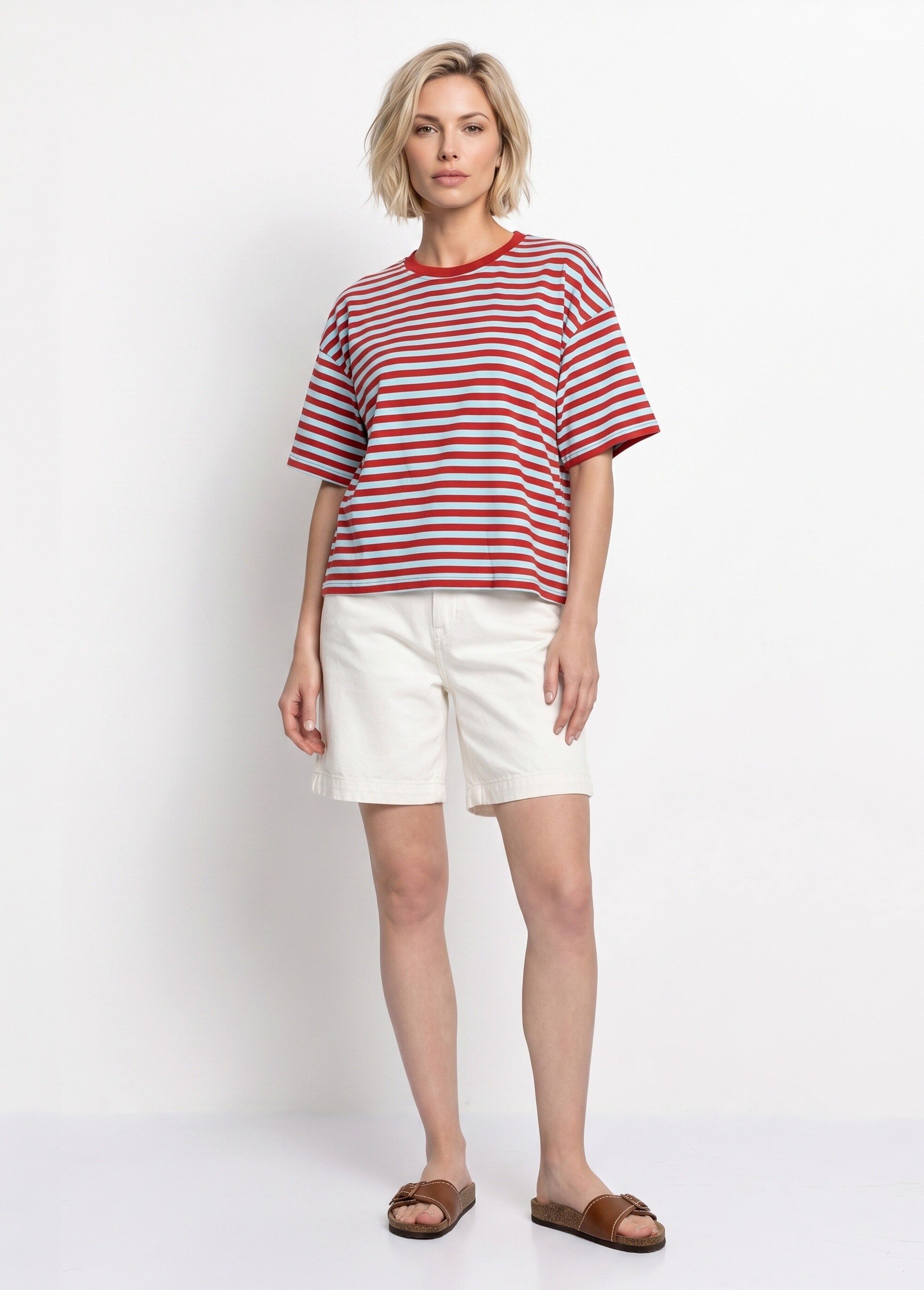 T-shirt col rond, rayures contrastées Femme Rouge IA-M1309 SI1
