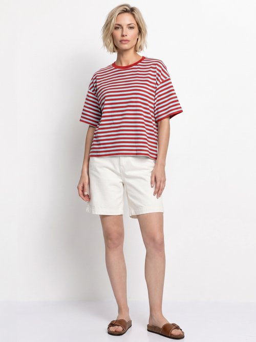 T-shirt col rond, rayures contrastées Femme Rouge IA-M1309 SI1