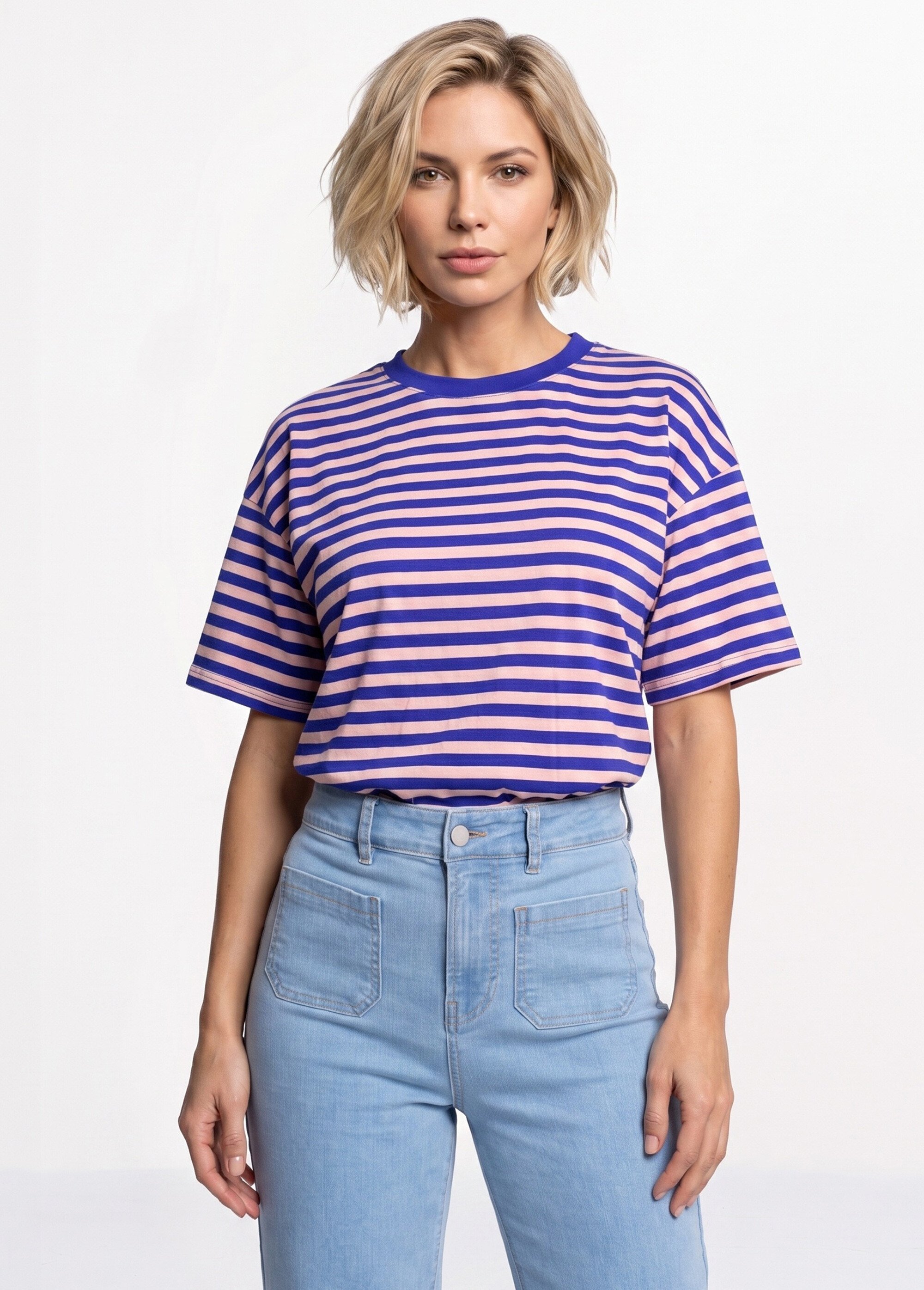 T-shirt col rond, rayures contrastées Femme Bleu IA-M1309 FA1