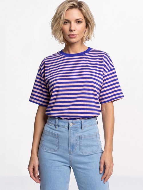 T-shirt col rond, rayures contrastées Femme Bleu IA-M1309 FA1