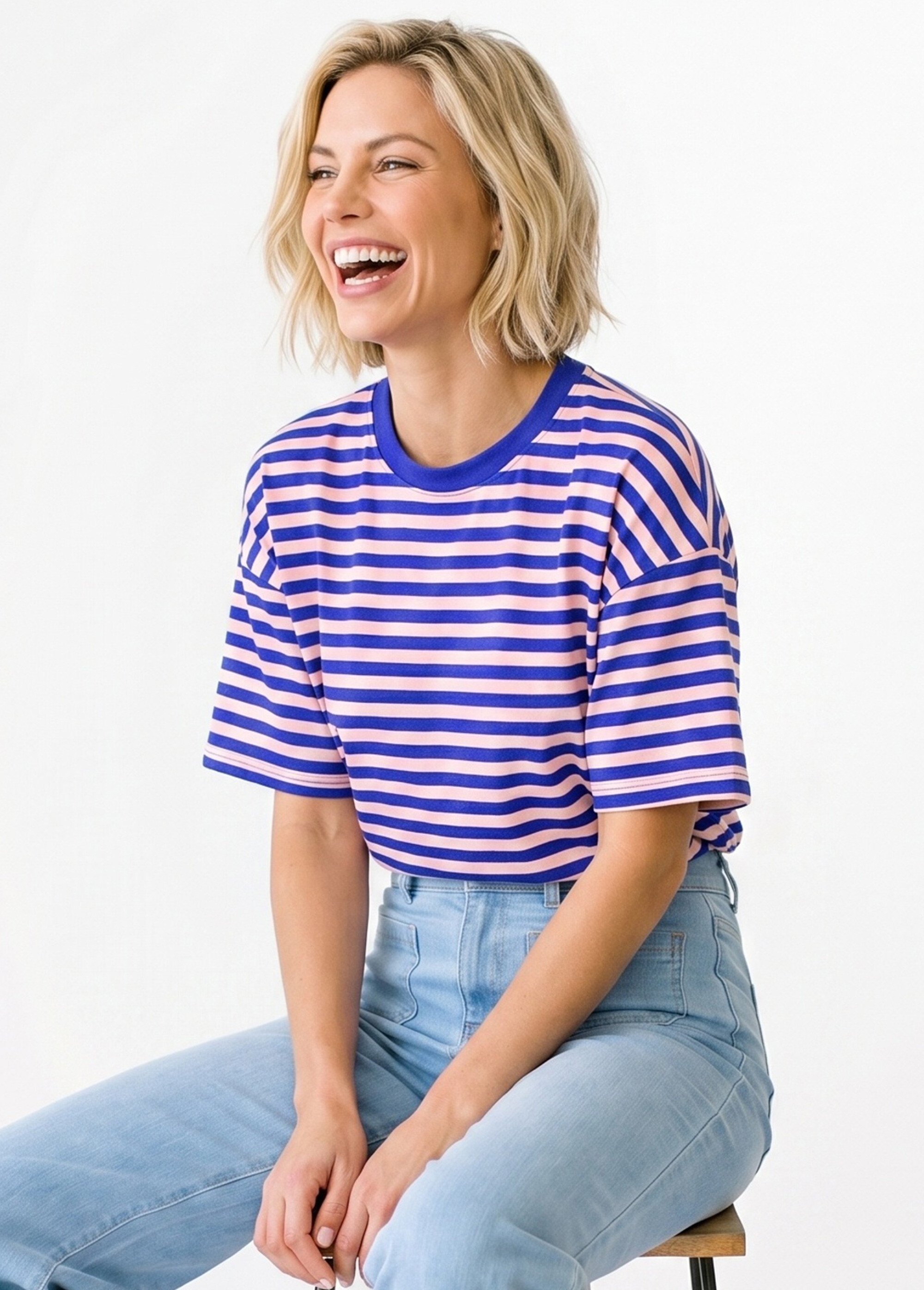 T-shirt col rond, rayures contrastées Femme Bleu IA-M1309 MV1