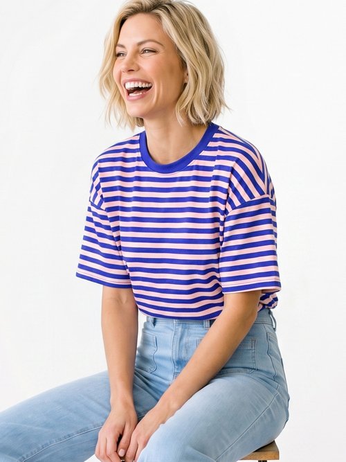 T-shirt col rond, rayures contrastées Femme Bleu IA-M1309 MV1