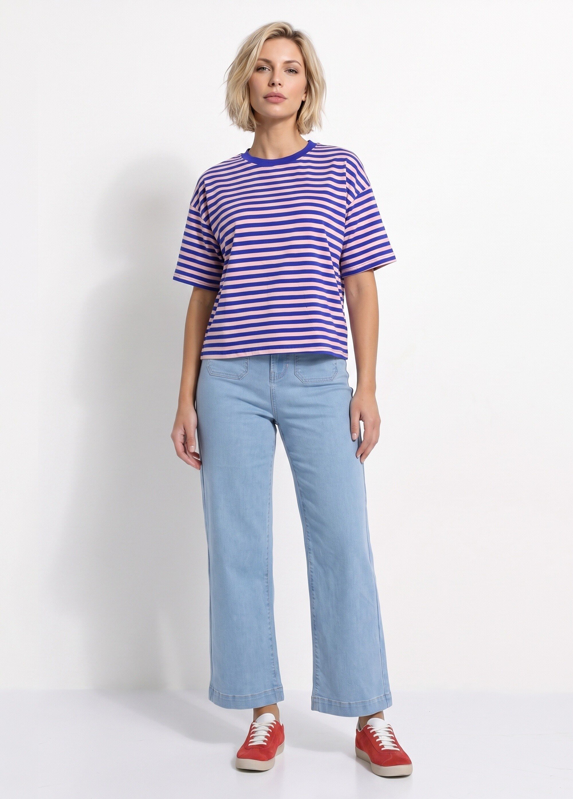 T-shirt col rond, rayures contrastées Femme Bleu IA-M1309 SI1