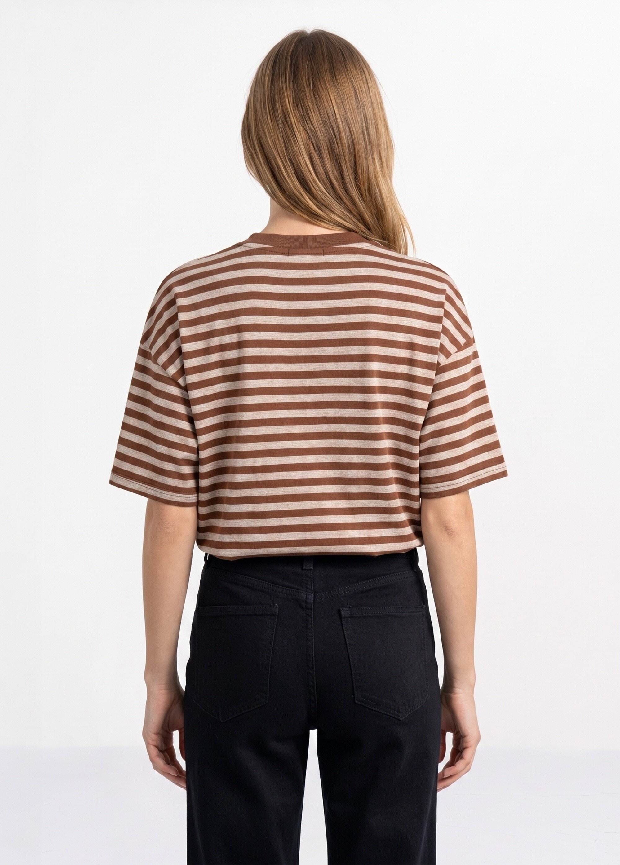 T-shirt col rond, rayures contrastées Femme MARRON ET TAUPE IA-M1309 DO1