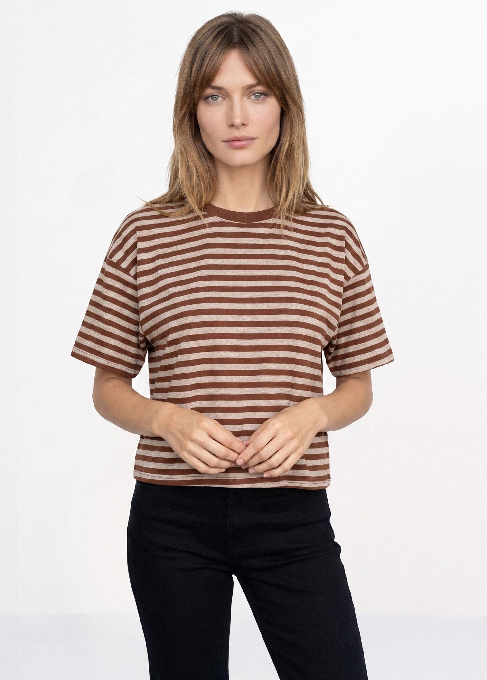 T-shirt col rond, rayures contrastées Femme MARRON ET TAUPE IA-M1309 FA1