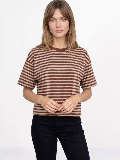 T-shirt col rond, rayures contrastées Femme MARRON ET TAUPE IA-M1309 FA1