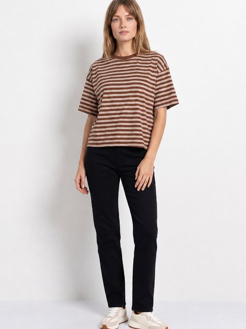 T-shirt col rond, rayures contrastées Femme MARRON ET TAUPE IA-M1309 SI1