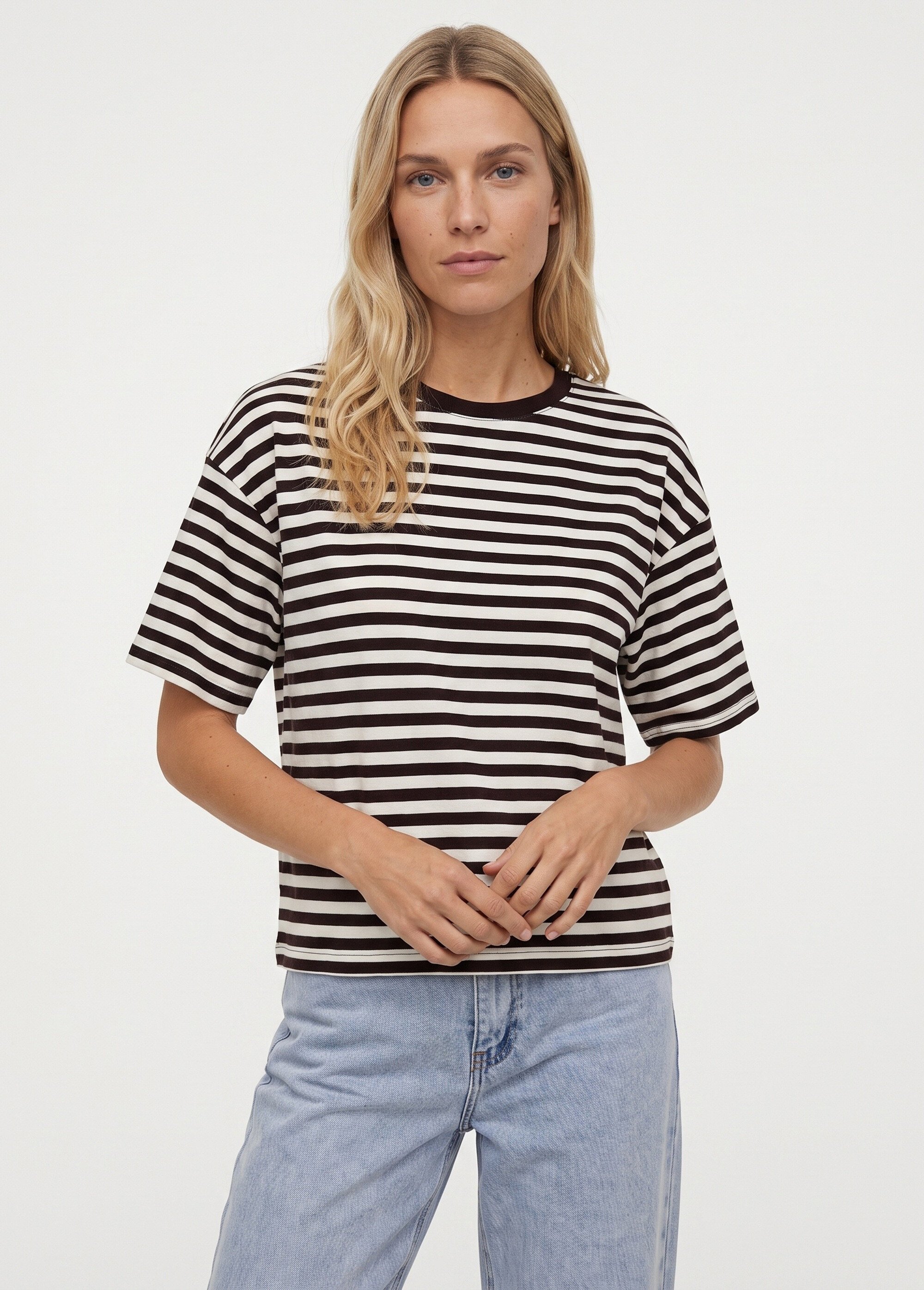 T-shirt col rond, rayures contrastées Femme CHOCOLAT ET ECRU IA-M1309 FA1