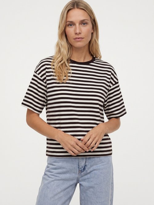 T-shirt col rond, rayures contrastées Femme CHOCOLAT ET ECRU IA-M1309 FA1