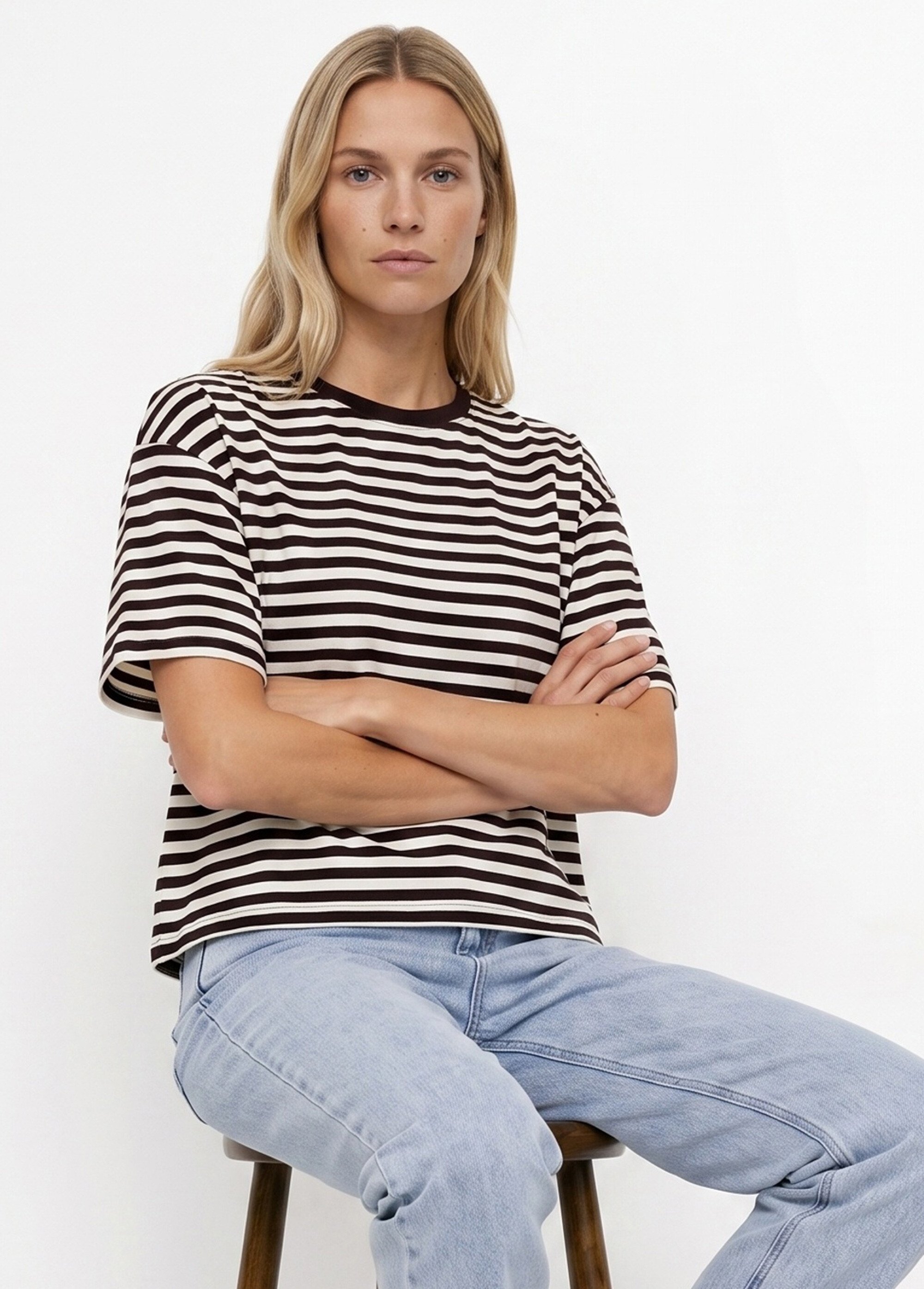 T-shirt col rond, rayures contrastées Femme CHOCOLAT ET ECRU IA-M1309 MV1