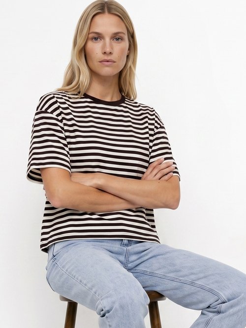 T-shirt col rond, rayures contrastées Femme CHOCOLAT ET ECRU IA-M1309 MV1