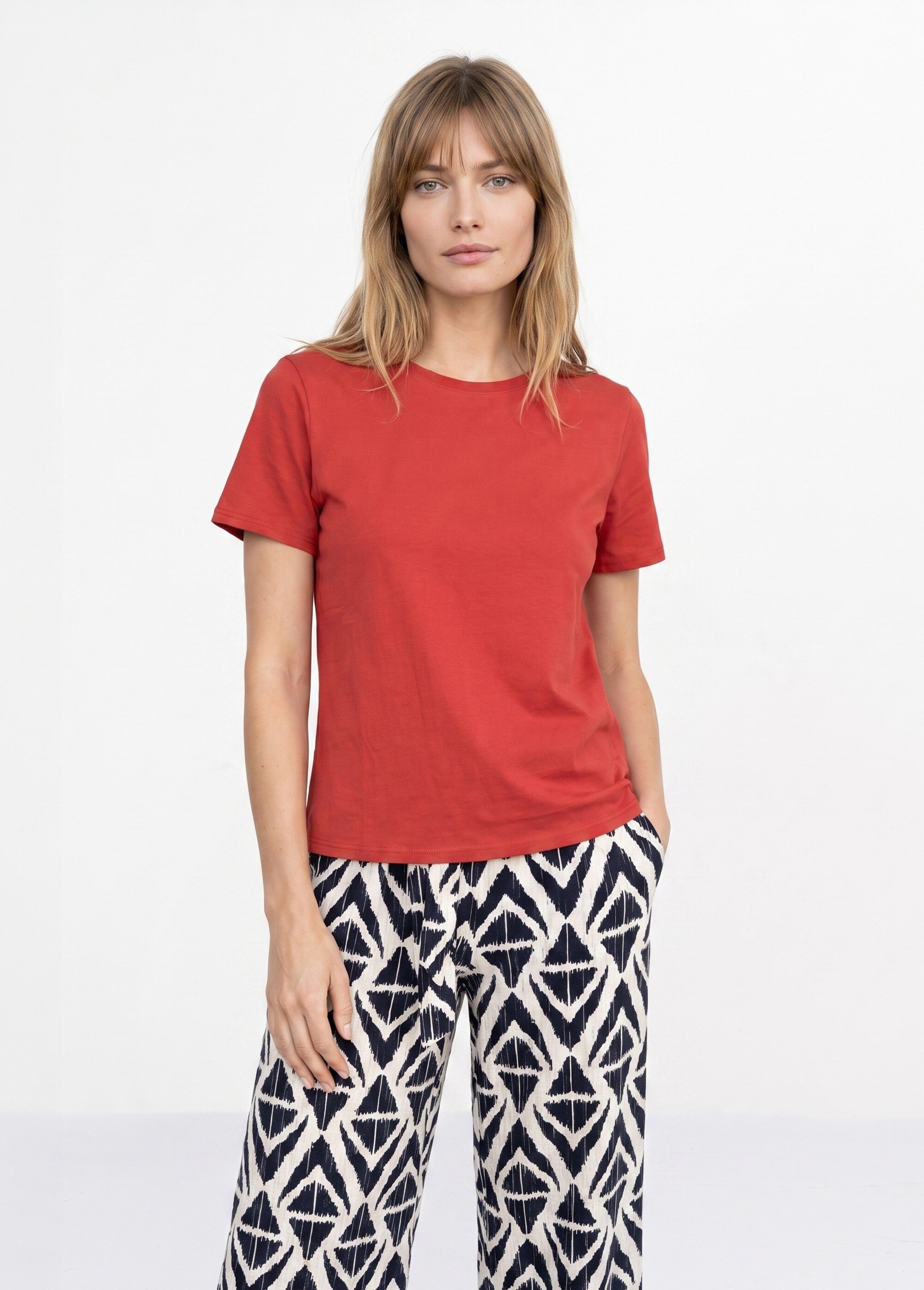 T-shirt pur coton col rond, essentiel Femme Orange IA-M1308 FA1