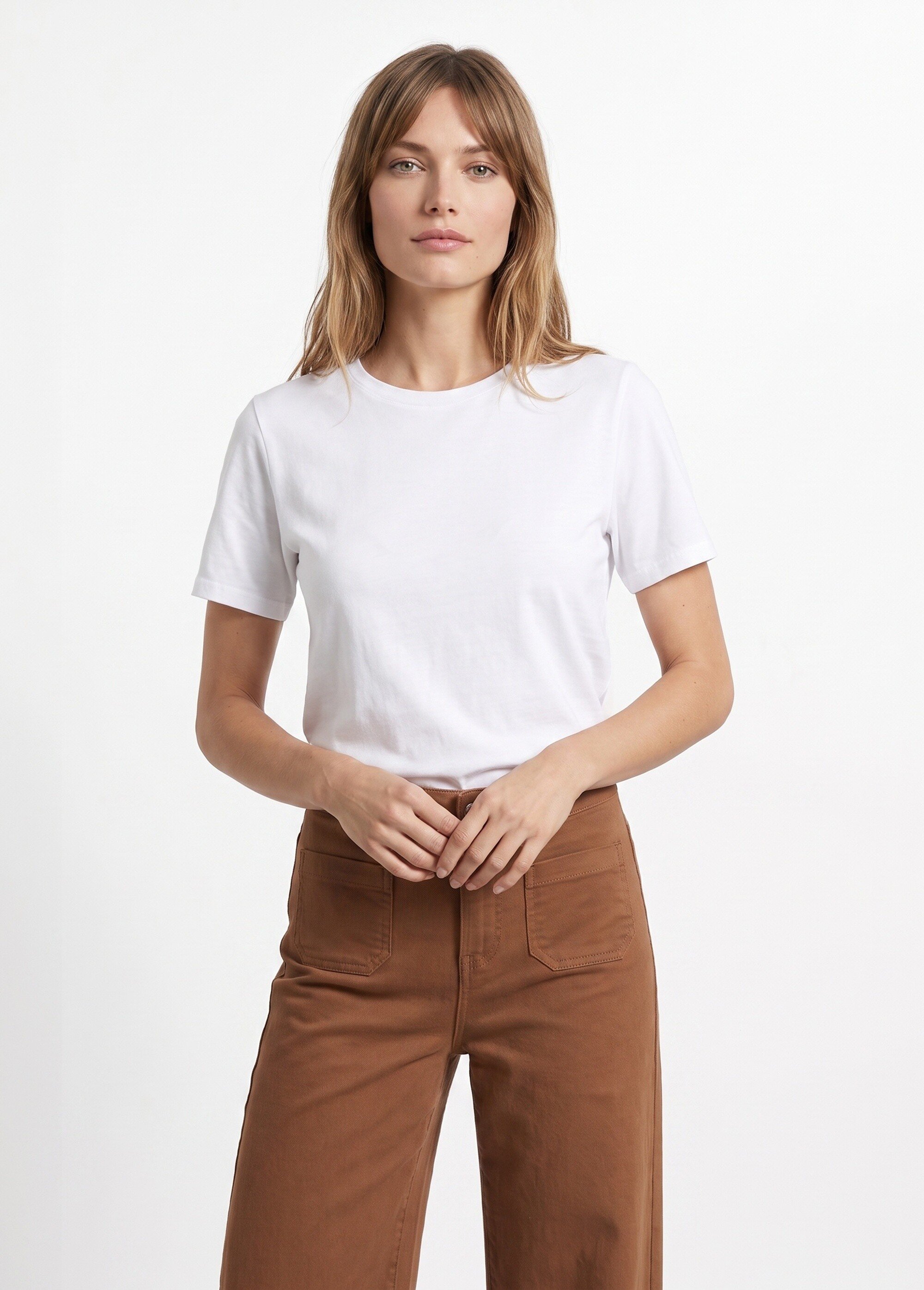 T-shirt pur coton col rond, essentiel Femme Blanc IA-M1308 FA1