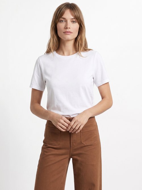 T-shirt pur coton col rond, essentiel Femme Blanc IA-M1308 FA1