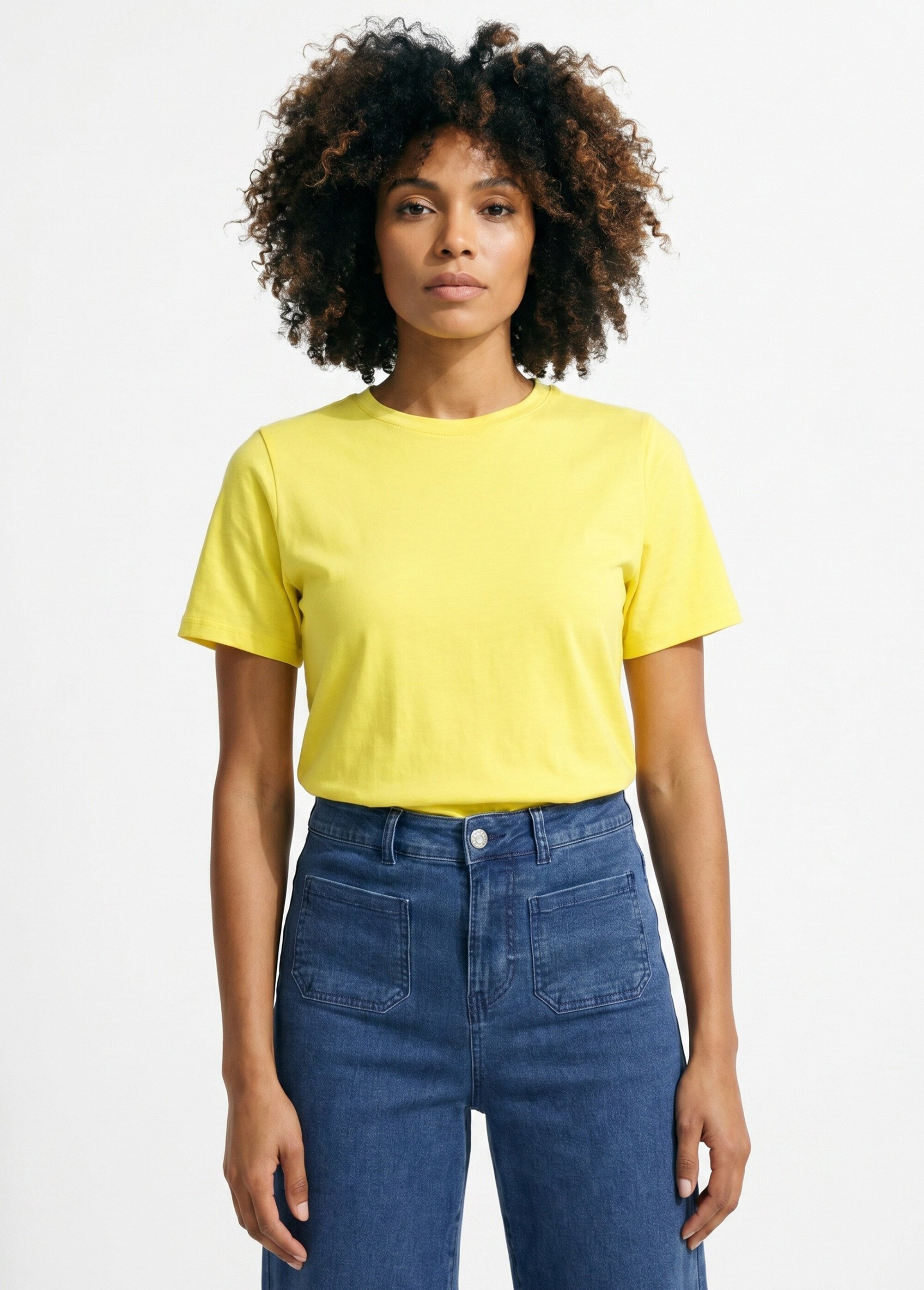 T-shirt pur coton col rond, essentiel Femme Jaune IA-M1308 FA1