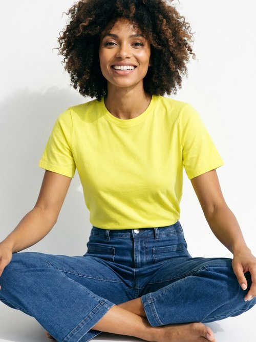 T-shirt pur coton col rond, essentiel Femme Jaune IA-M1308 MV1