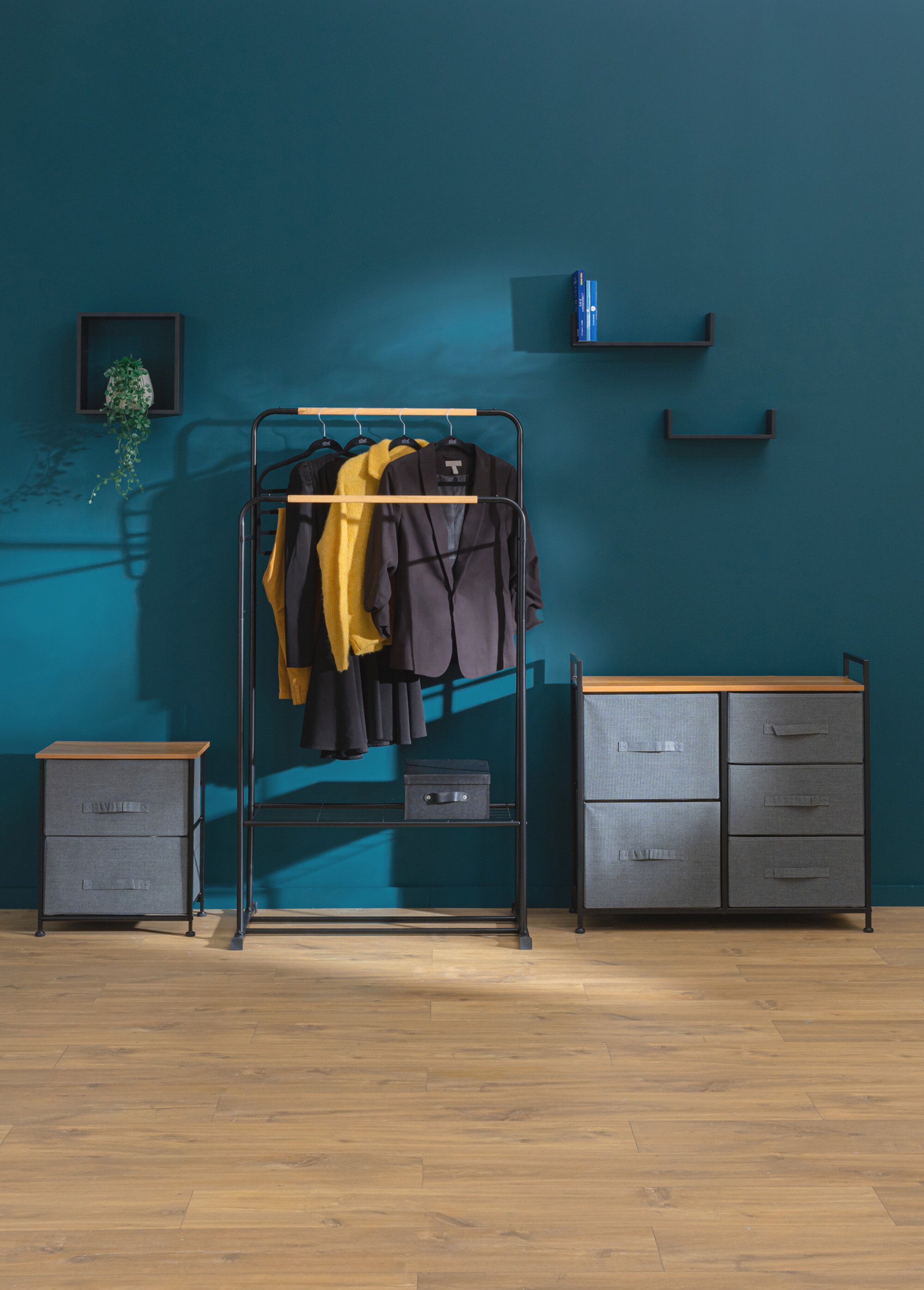 Table de 2 chevet + 2 tiroirs tissu NOIR ET GRIS ET BOIS JJA-138938B SI1