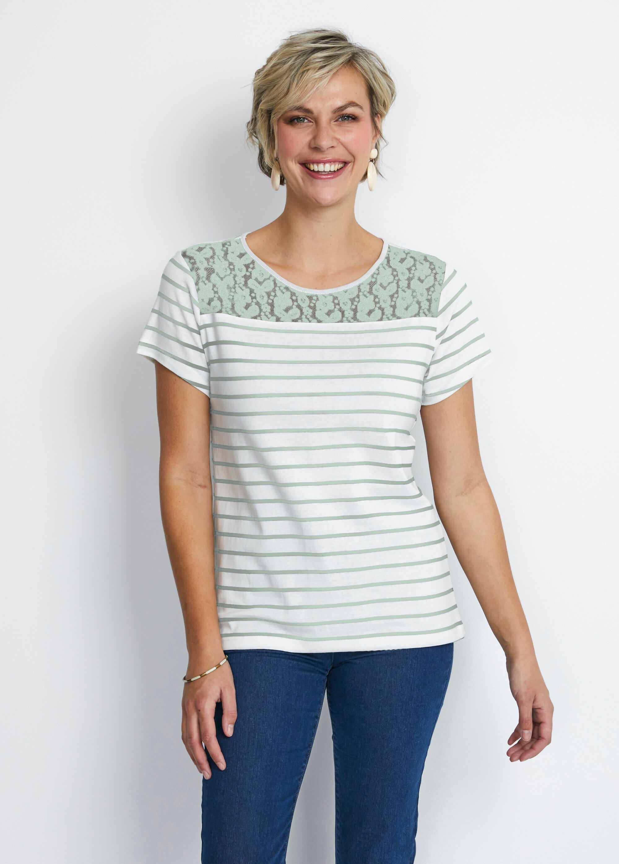Tee-shirt rayé manches courtes dentelle