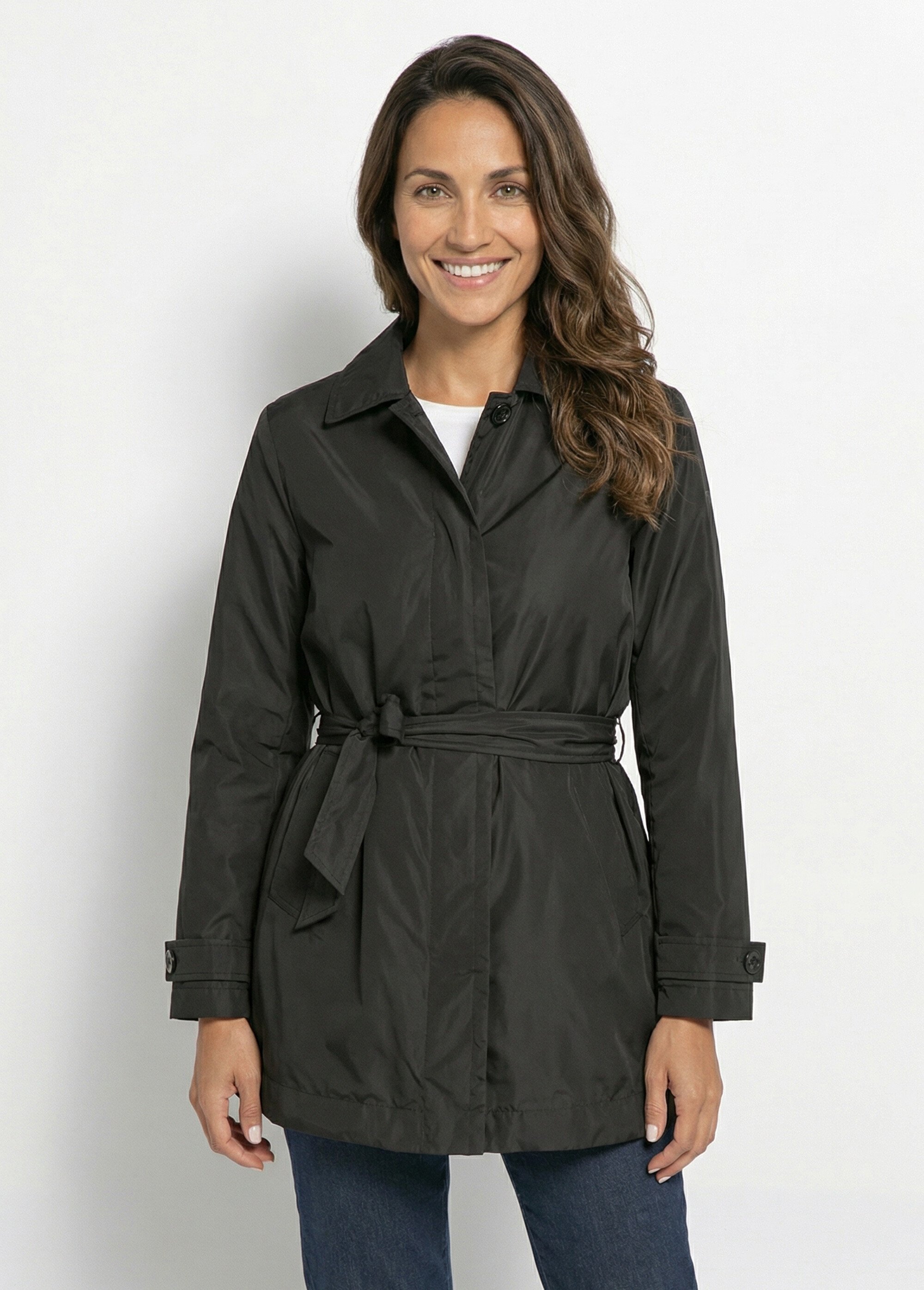 Trench déperlant avec ceinture à nouer Femme Noir GEO-W5520N FA1