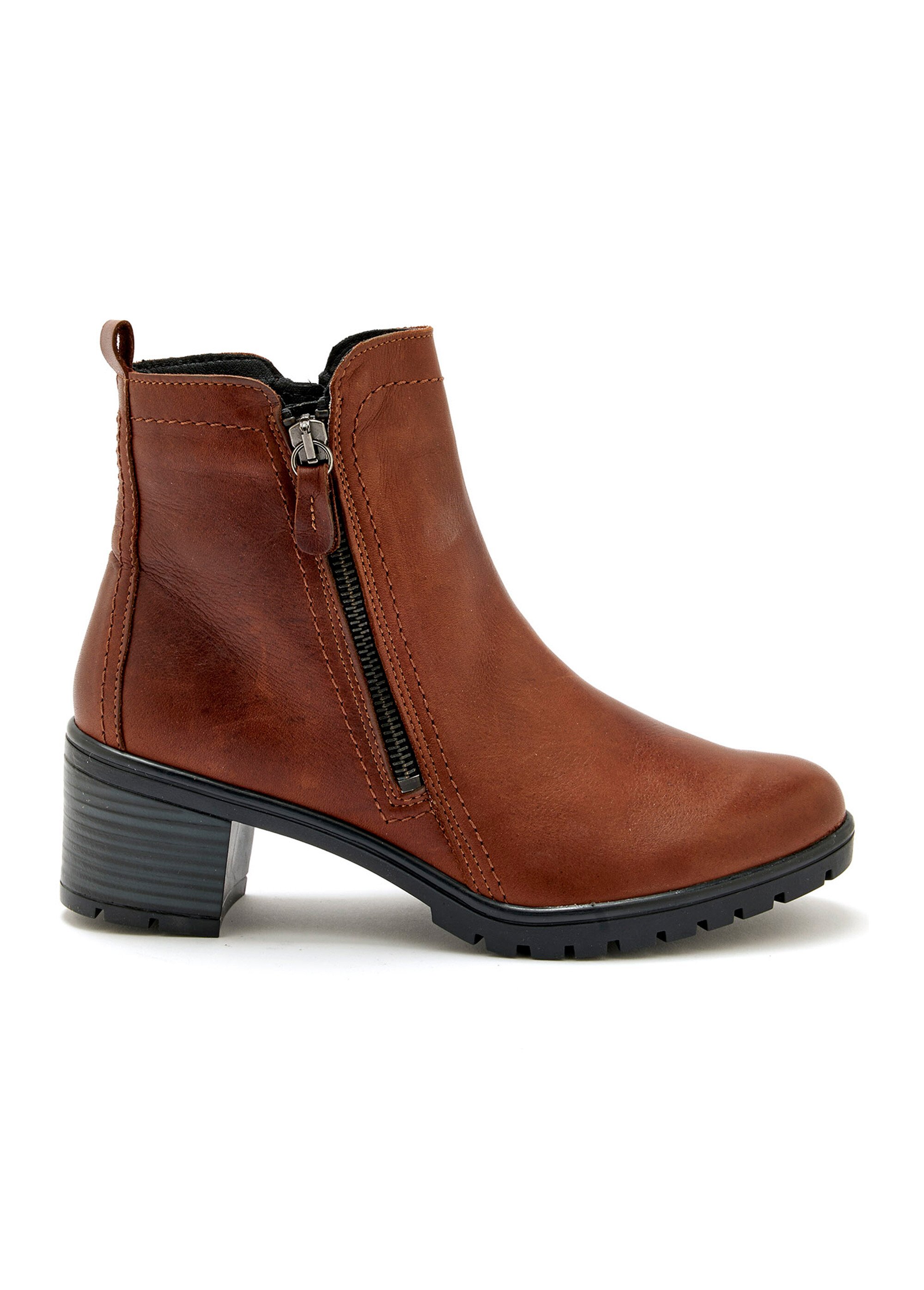 Boots cuir, talon large et bout amande Femme Marron PED2010453 DR1
