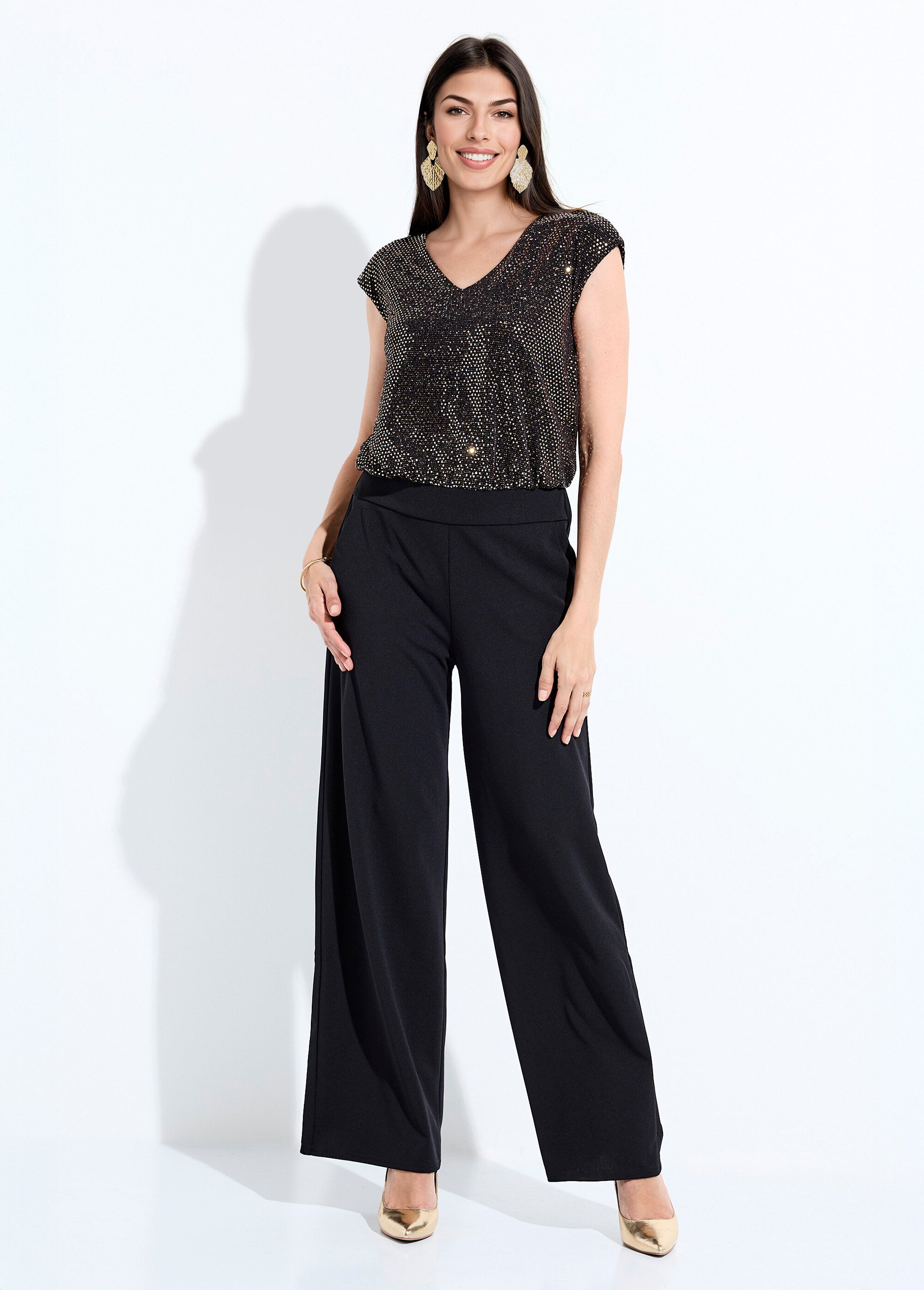 Combi-pantalon bi-matière sequins dorés Femme Noir HALIA FA1