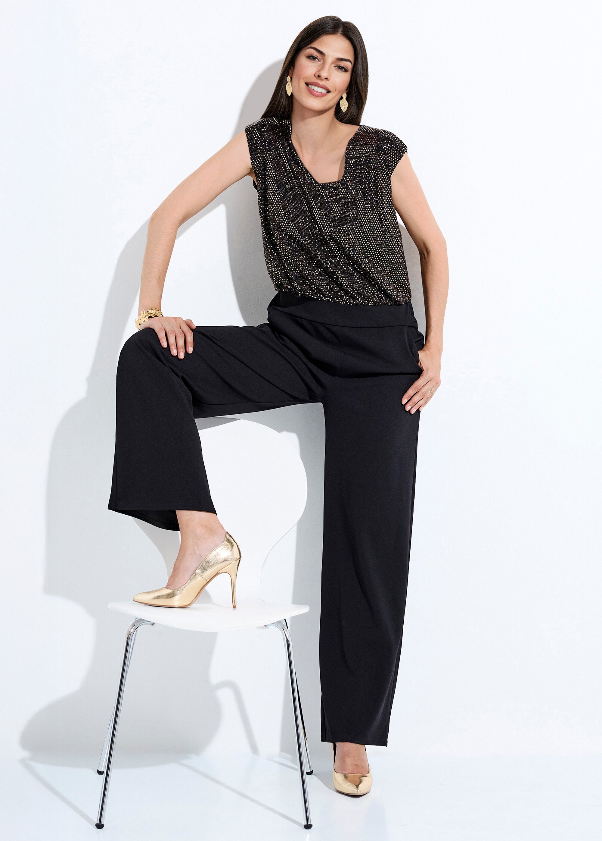 Combi-pantalon bi-matière sequins dorés