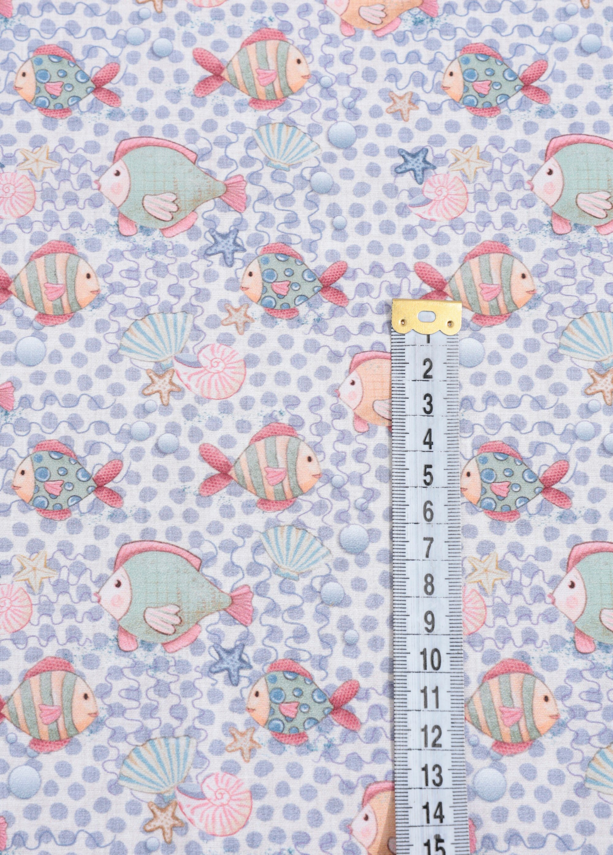 Coupon tissu pois et motif poissons BLEU COT96829-13 DE1