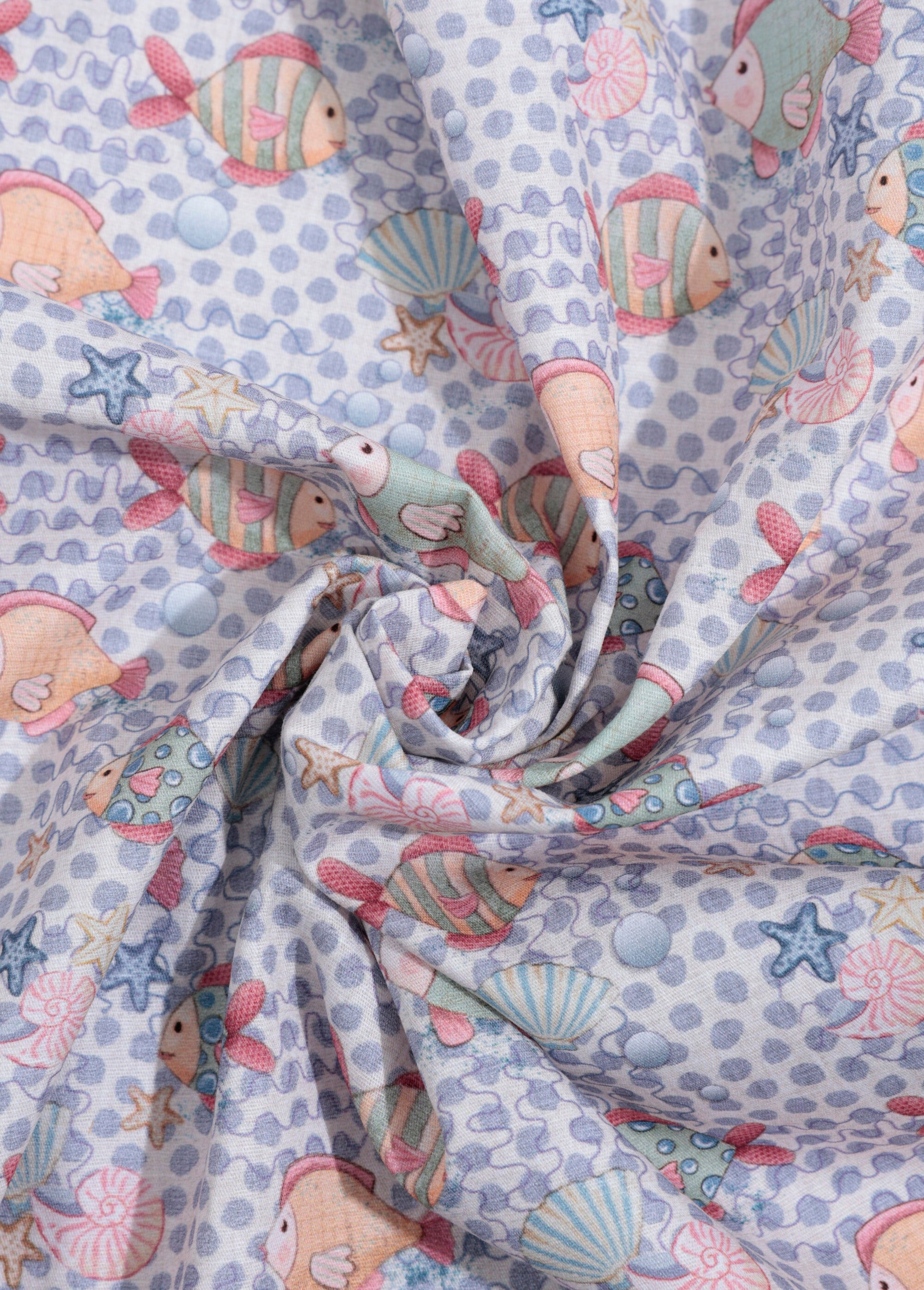 Coupon tissu pois et motif poissons BLEU COT96829-13 FA1