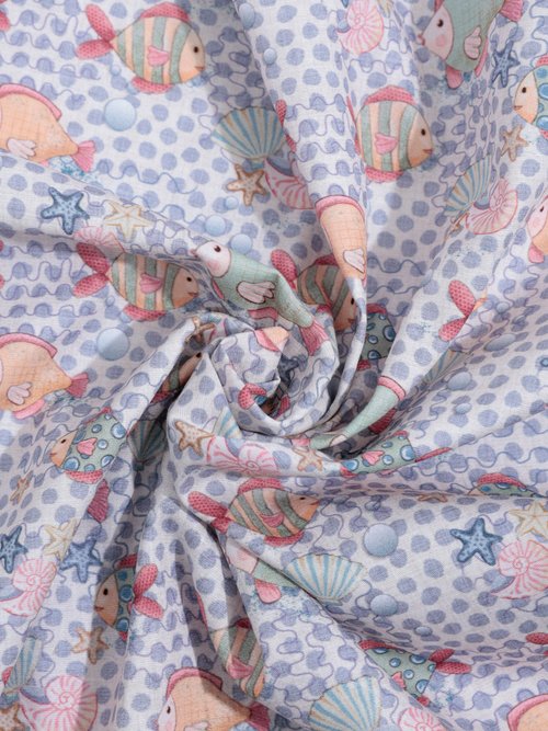 Coupon tissu pois et motif poissons BLEU COT96829-13 FA1