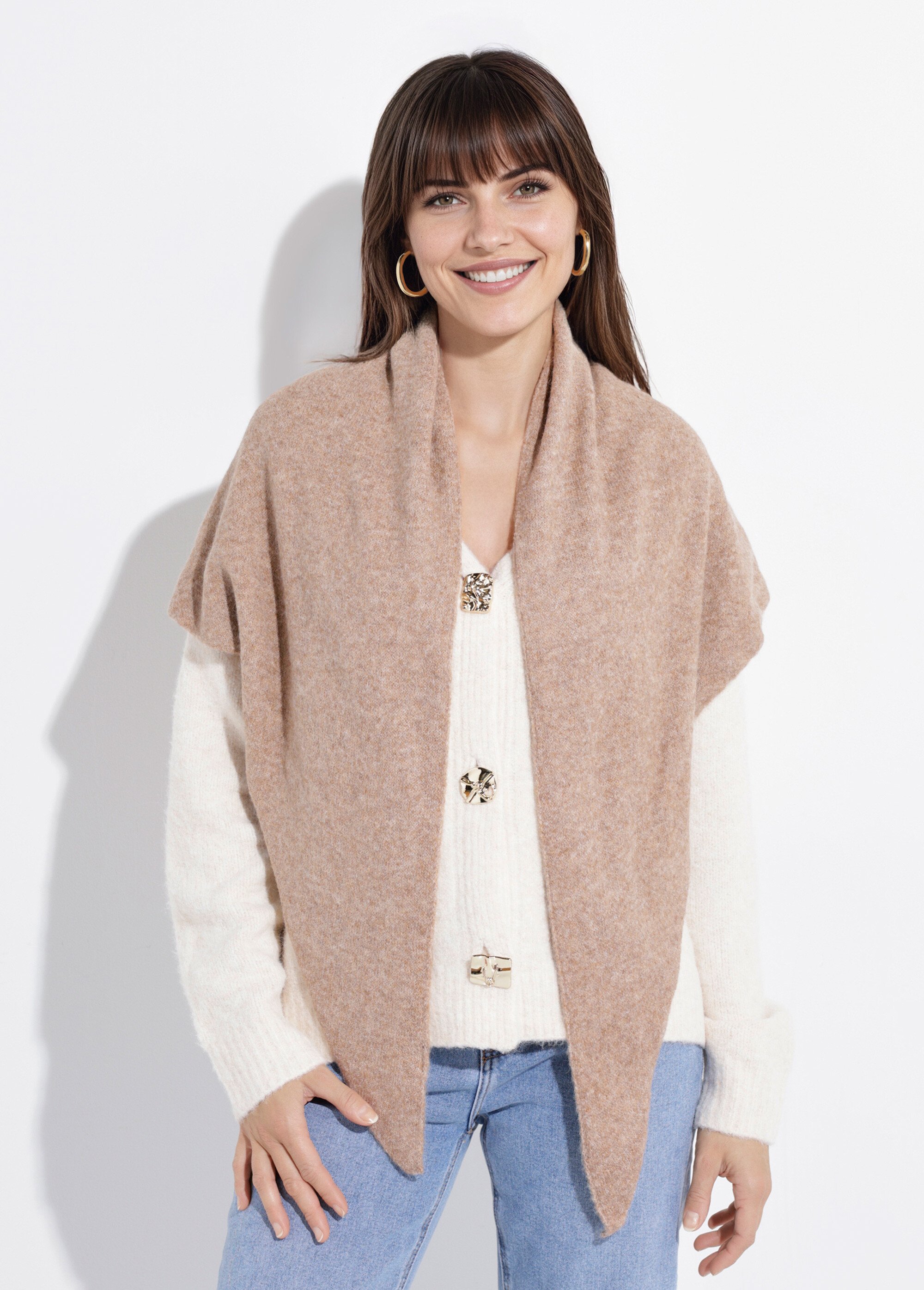 Echarpe triangle chaude, maille laine Femme Marron MPAZY1017 FA1