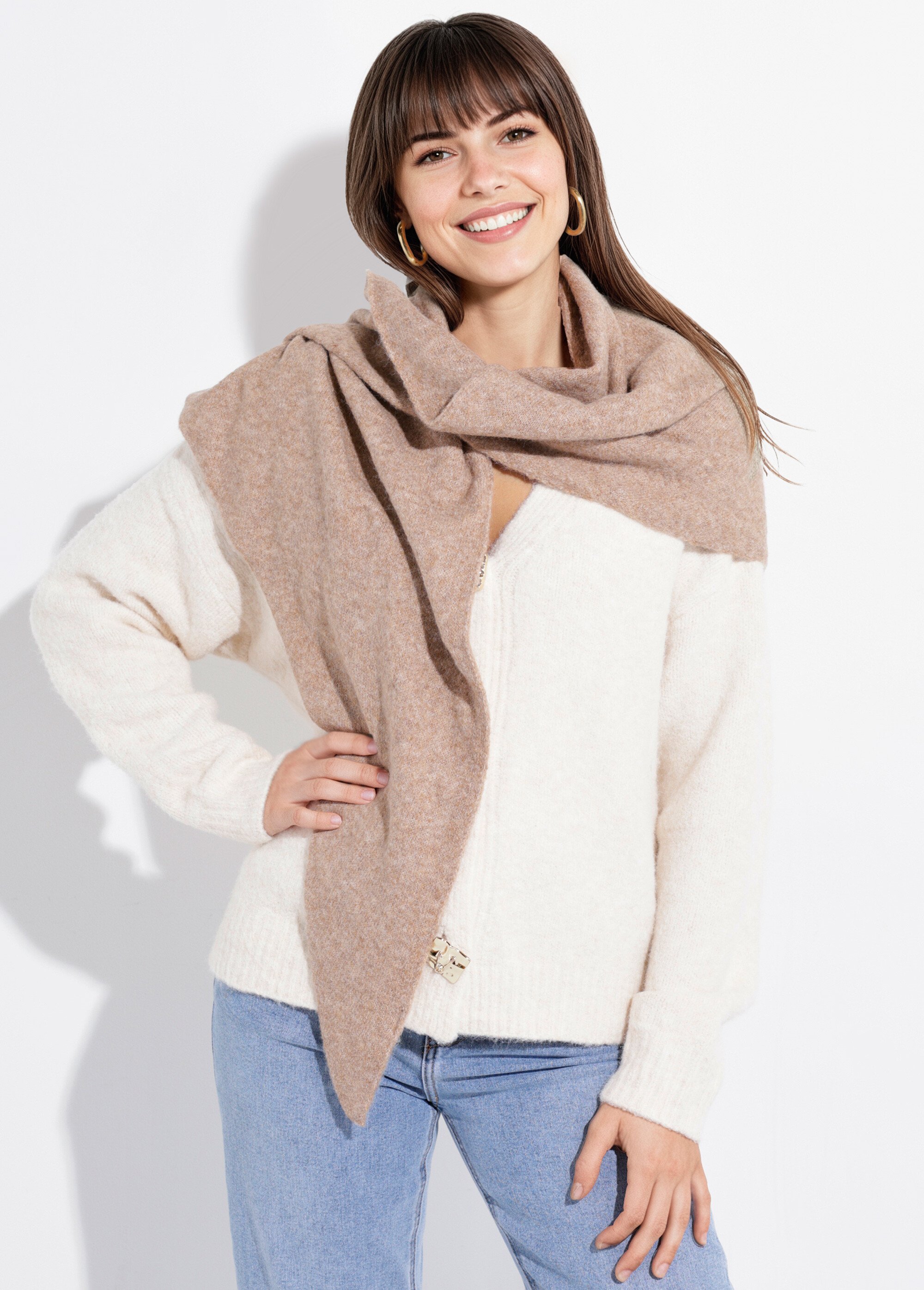 Echarpe triangle chaude, maille laine Femme Marron MPAZY1017 MV1