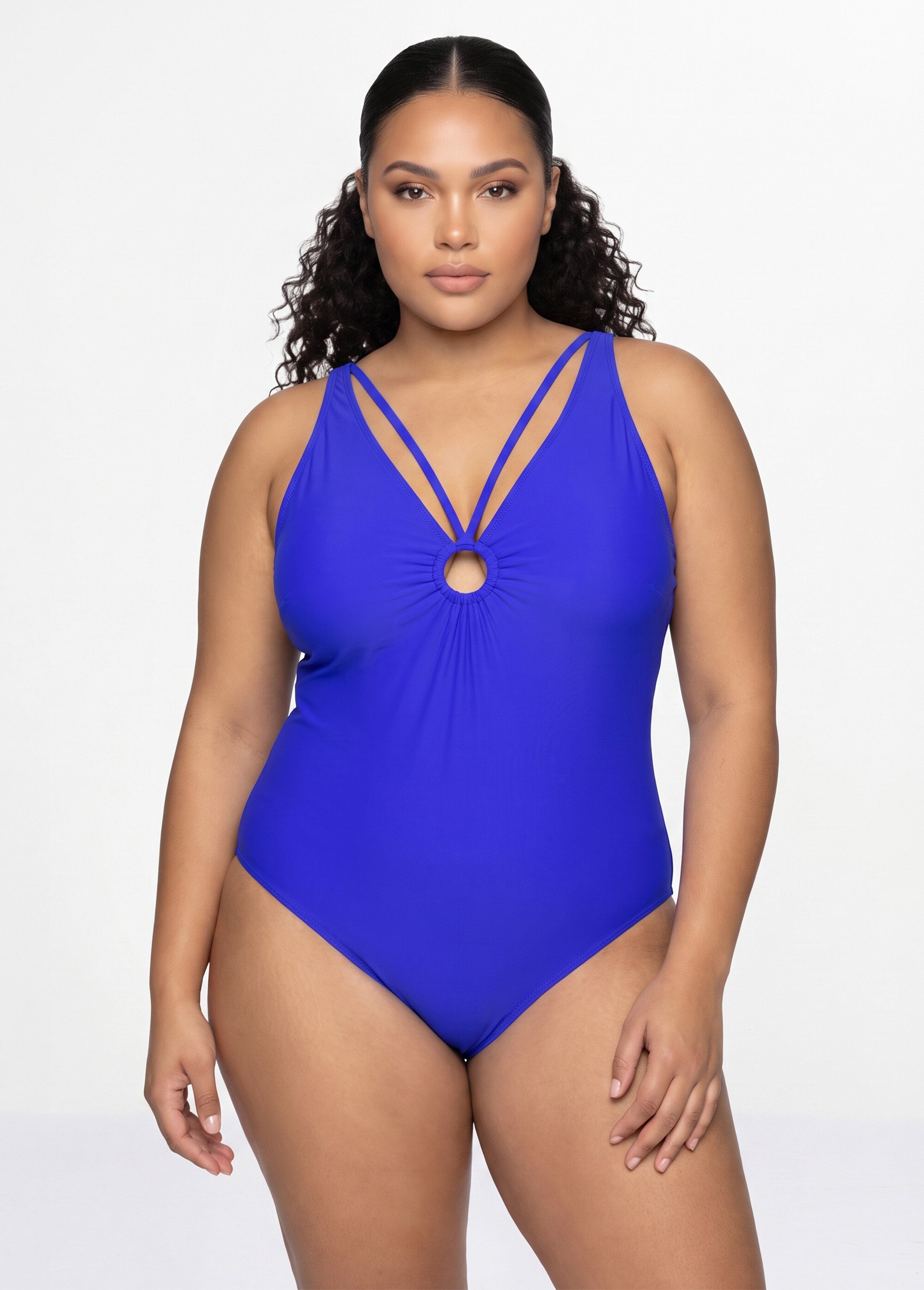 Maillot de bain encolure anneau plissé Femme Grande Taille Bleu CM-HMD-039 FA1