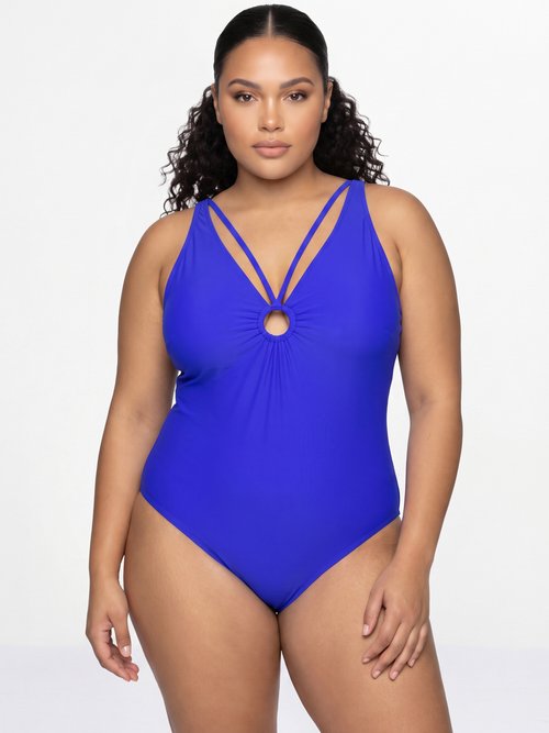 Maillot de bain encolure anneau plissé Femme Grande Taille Bleu CM-HMD-039 FA1
