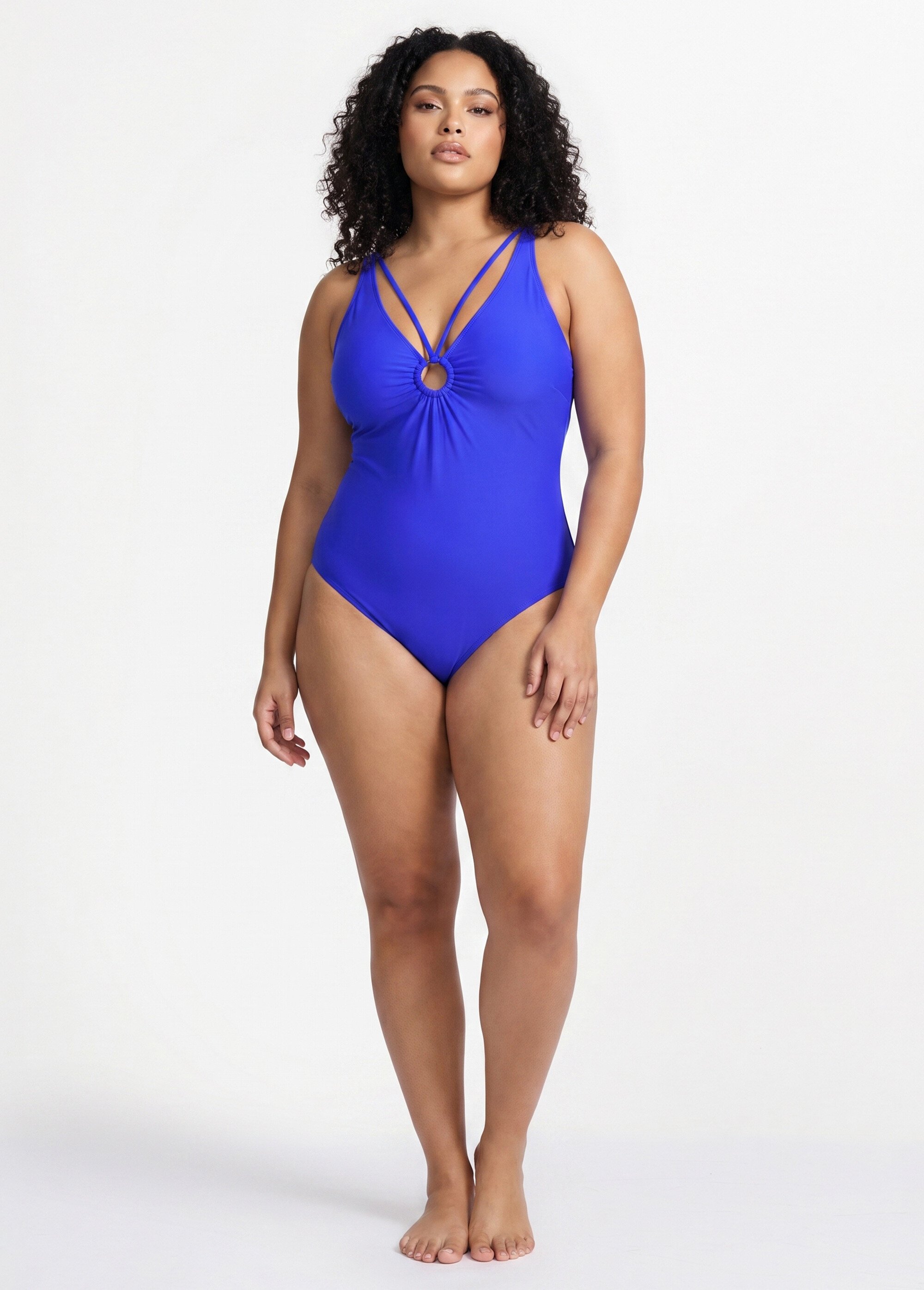 Maillot de bain encolure anneau plissé Femme Grande Taille Bleu CM-HMD-039 SI1