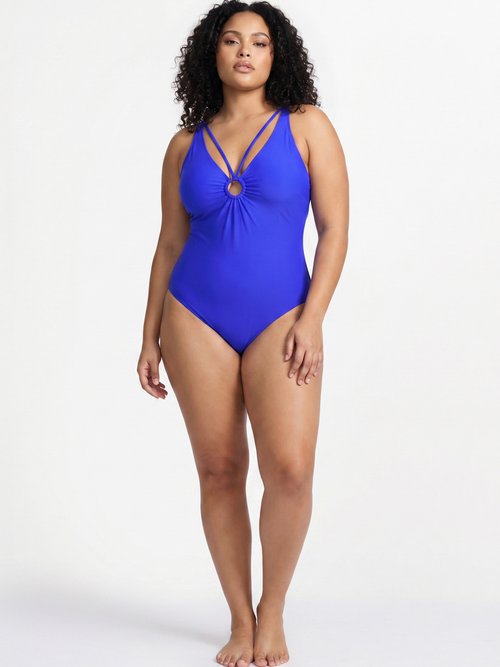 Maillot de bain encolure anneau plissé Femme Grande Taille Bleu CM-HMD-039 SI1