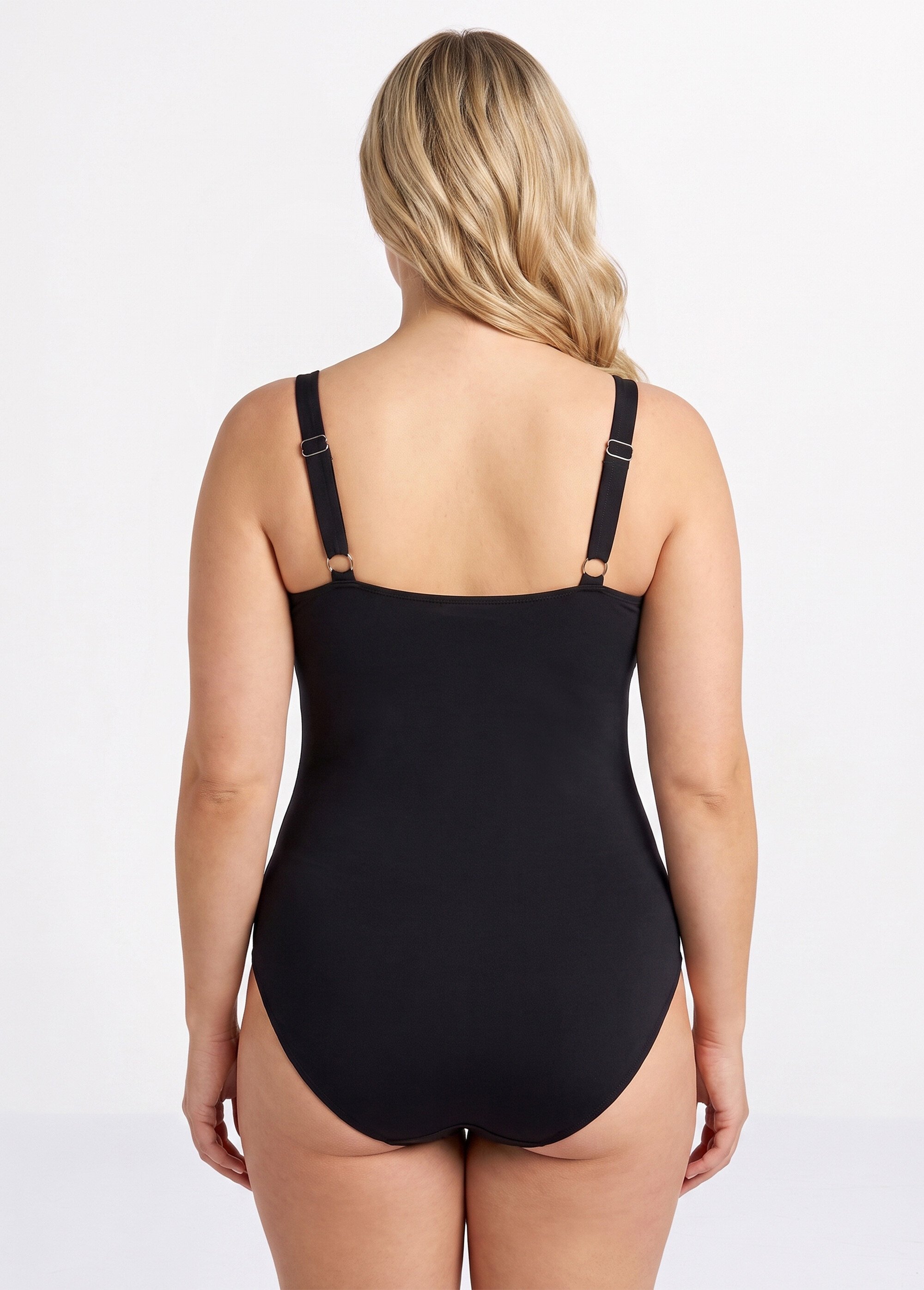 Maillot de bain encolure anneau plissé Femme Grande Taille Noir CM-HMD-039 DO1