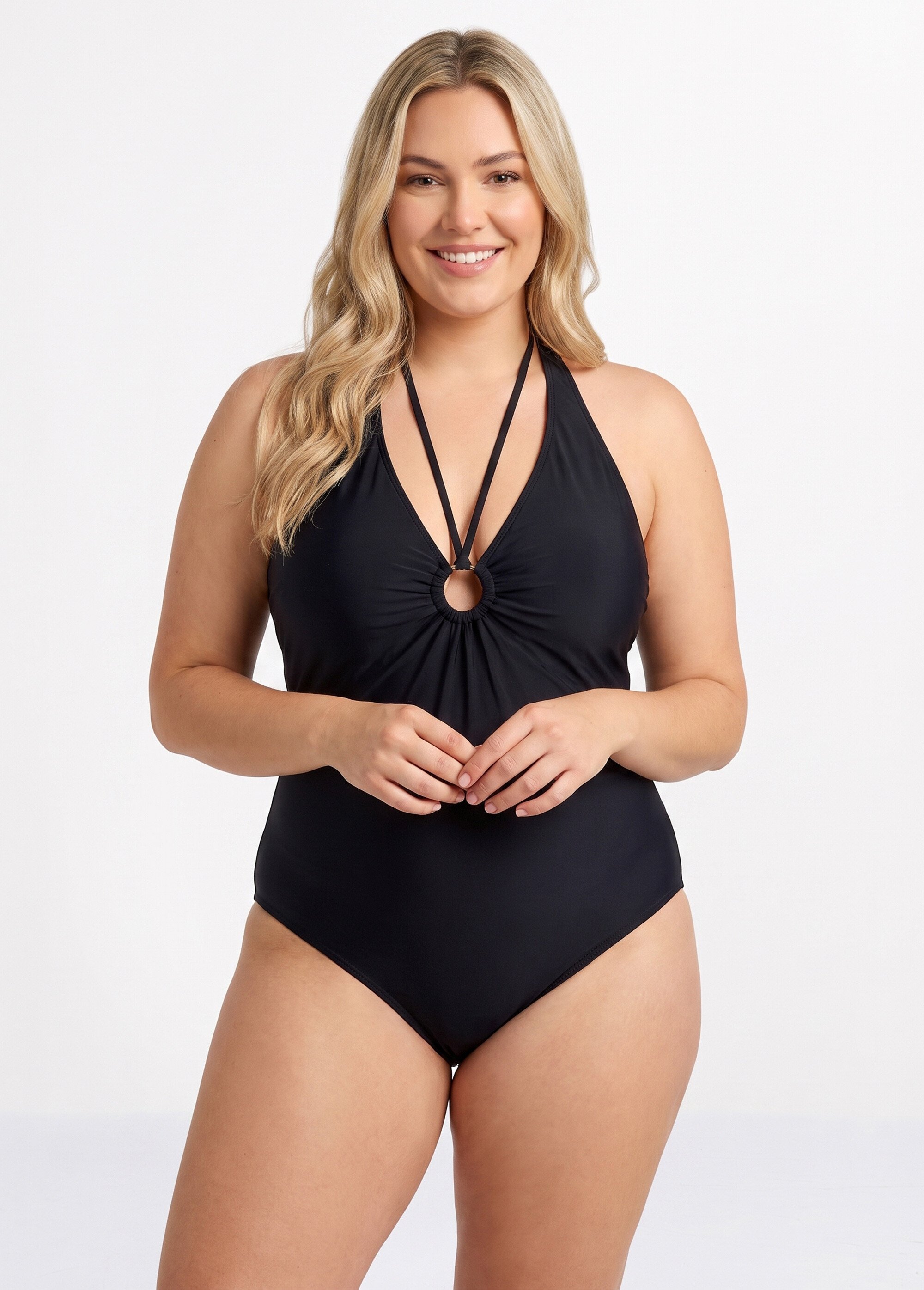 Maillot de bain encolure anneau plissé Femme Grande Taille Noir CM-HMD-039 FA1