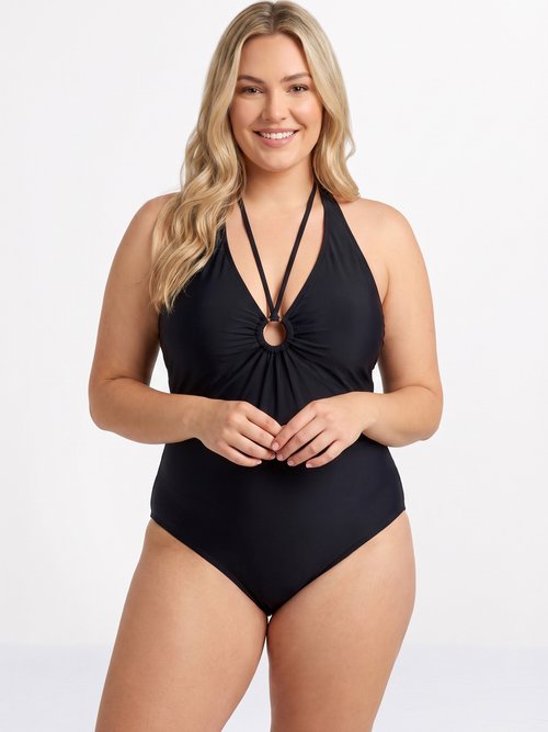 Maillot de bain encolure anneau plissé Femme Grande Taille Noir CM-HMD-039 FA1
