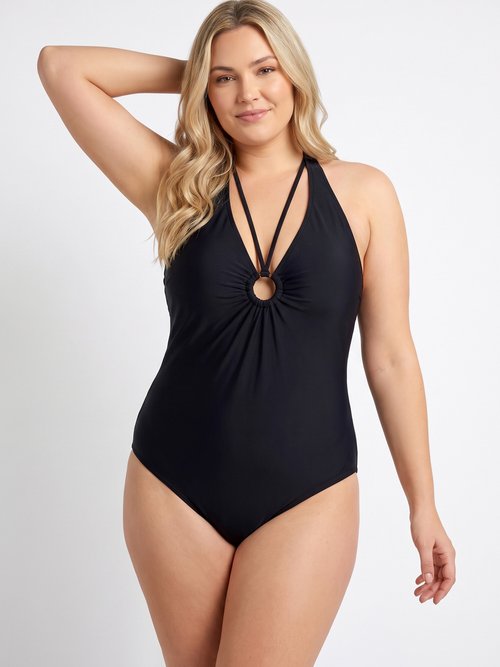 Maillot de bain encolure anneau plissé Femme Grande Taille Noir CM-HMD-039 MV1