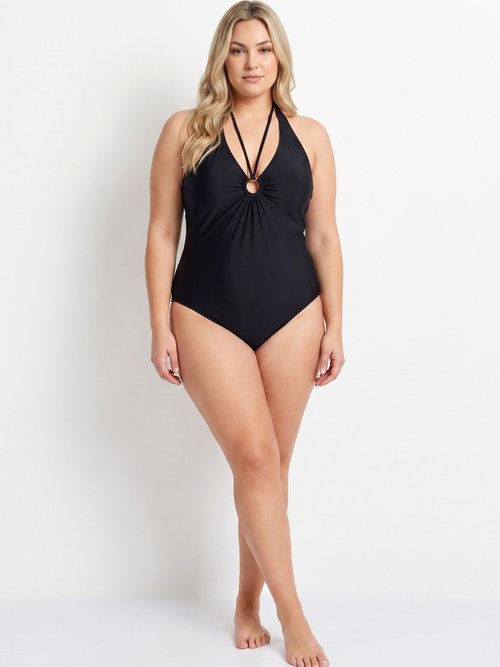 Maillot de bain encolure anneau plissé Femme Grande Taille Noir CM-HMD-039 SI1