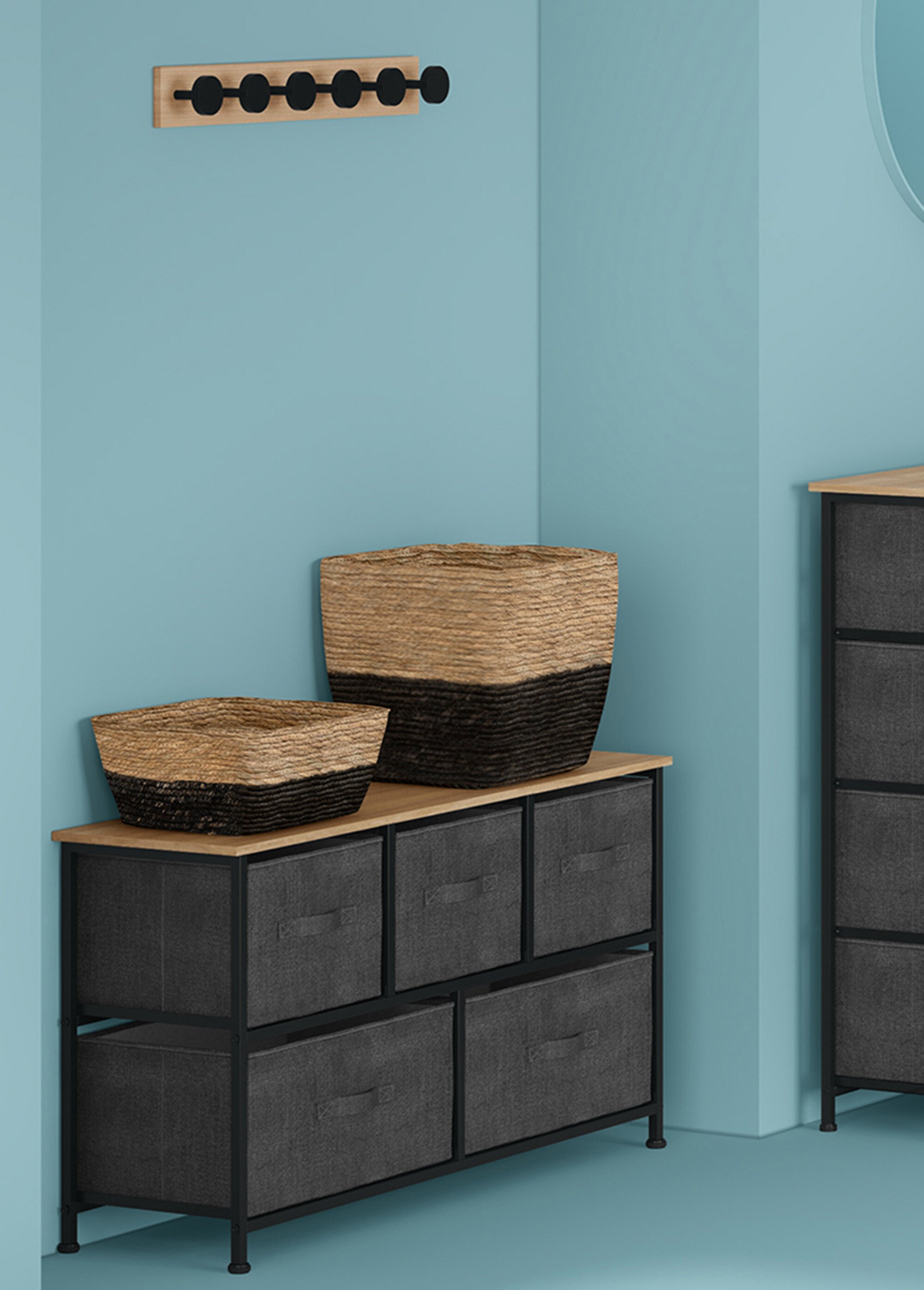 Meuble bas avec 5 tiroirs tissu NOIR ET GRIS ET BOIS JJA-193559 SI1