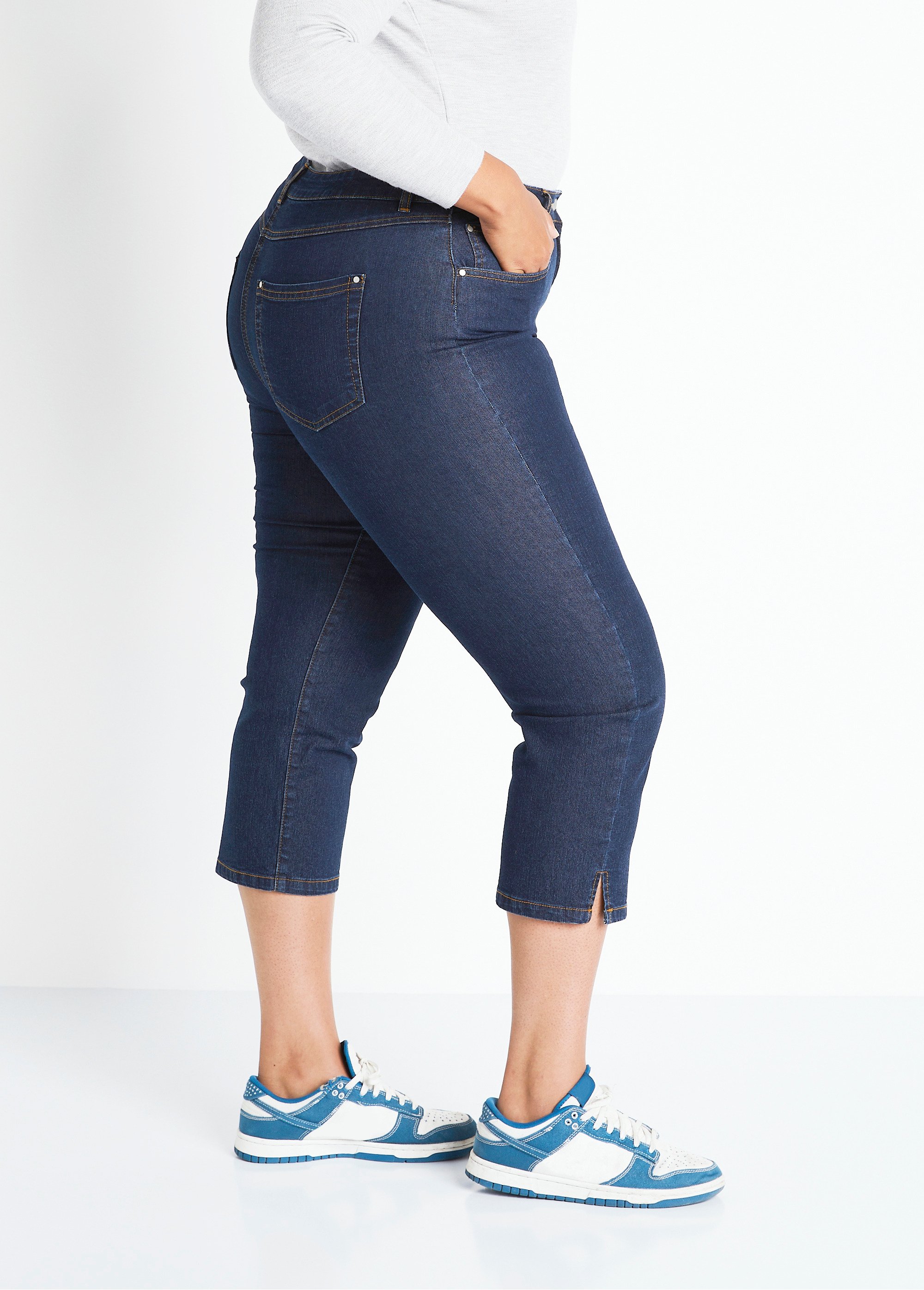 Pantacourt ceinture extensible en jean Femme Grande Taille Bleu NARCY DR1