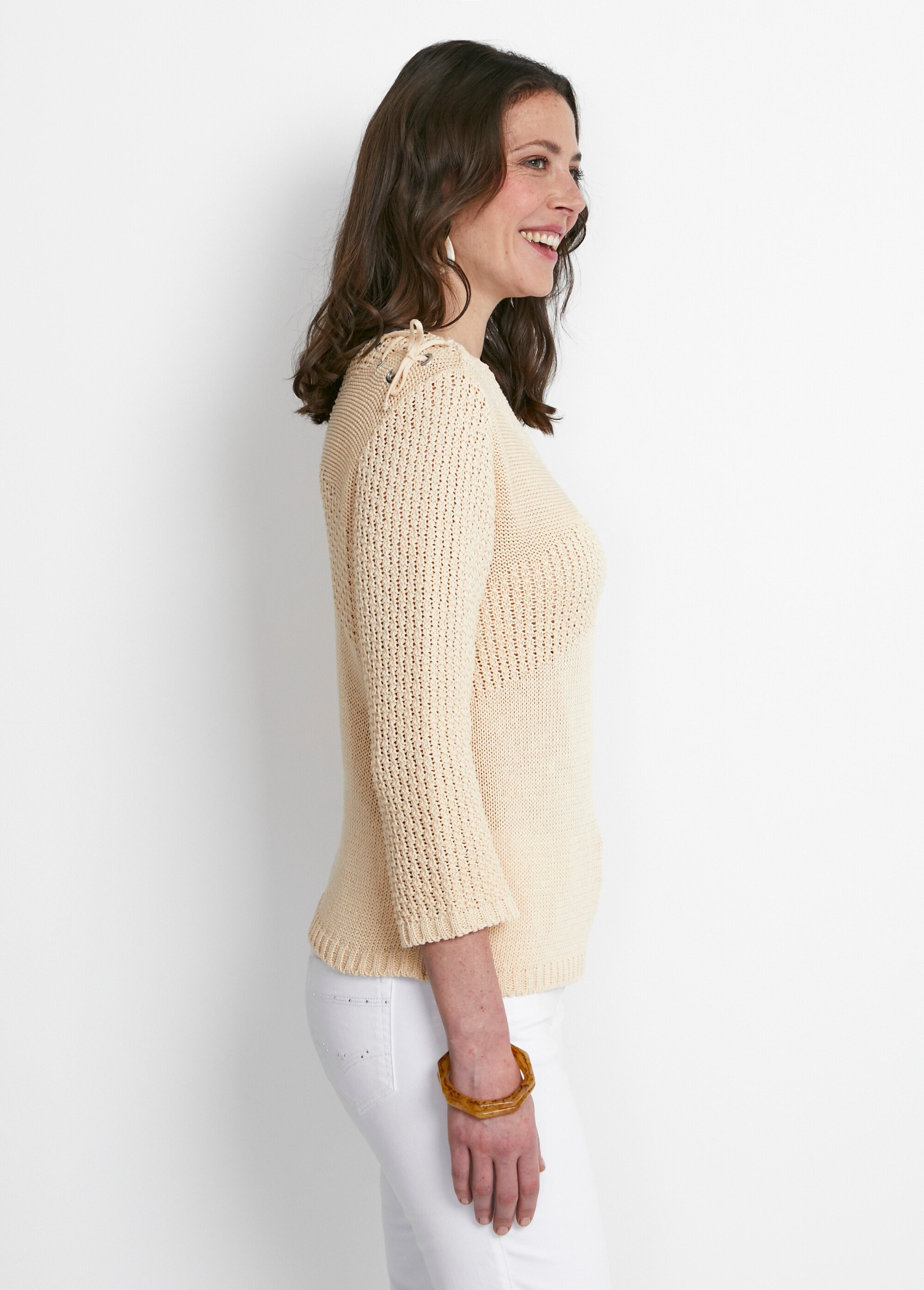 Pull col rond laçage fantaisie Femme Beige MYSTIC DR1