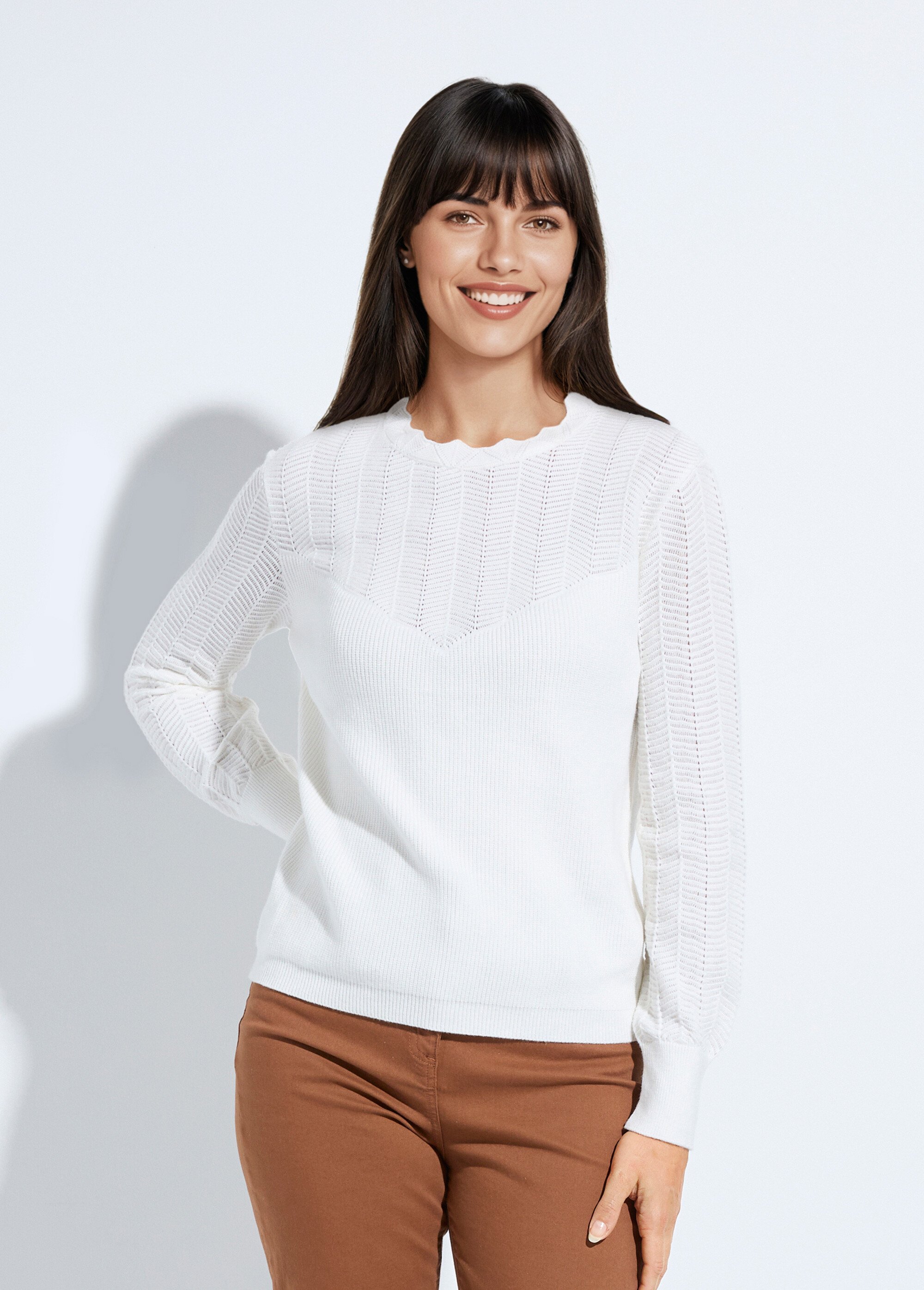 Pull doux col rond manches longues blousantes Femme Beige PRISKA FA1