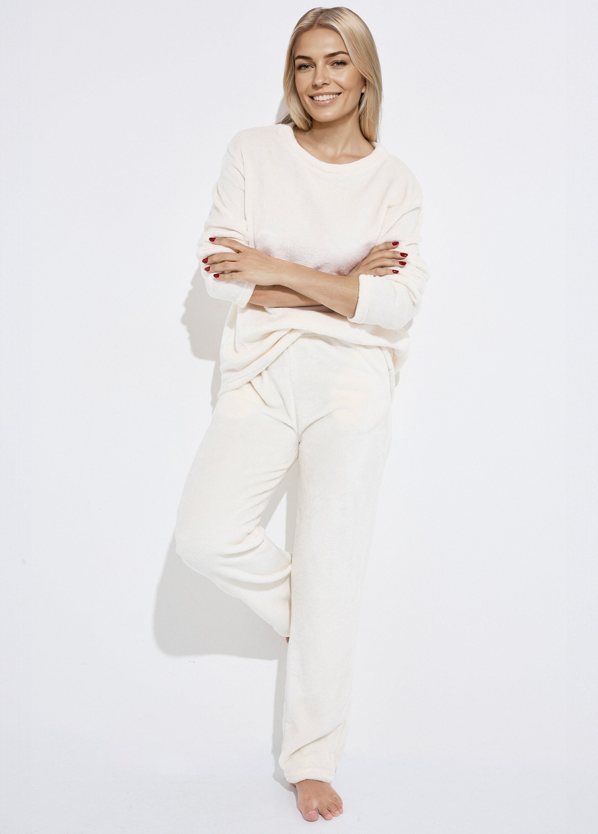 Pyjama doux et chaud en polaire Femme Blanc H-NPJ6615 MV1