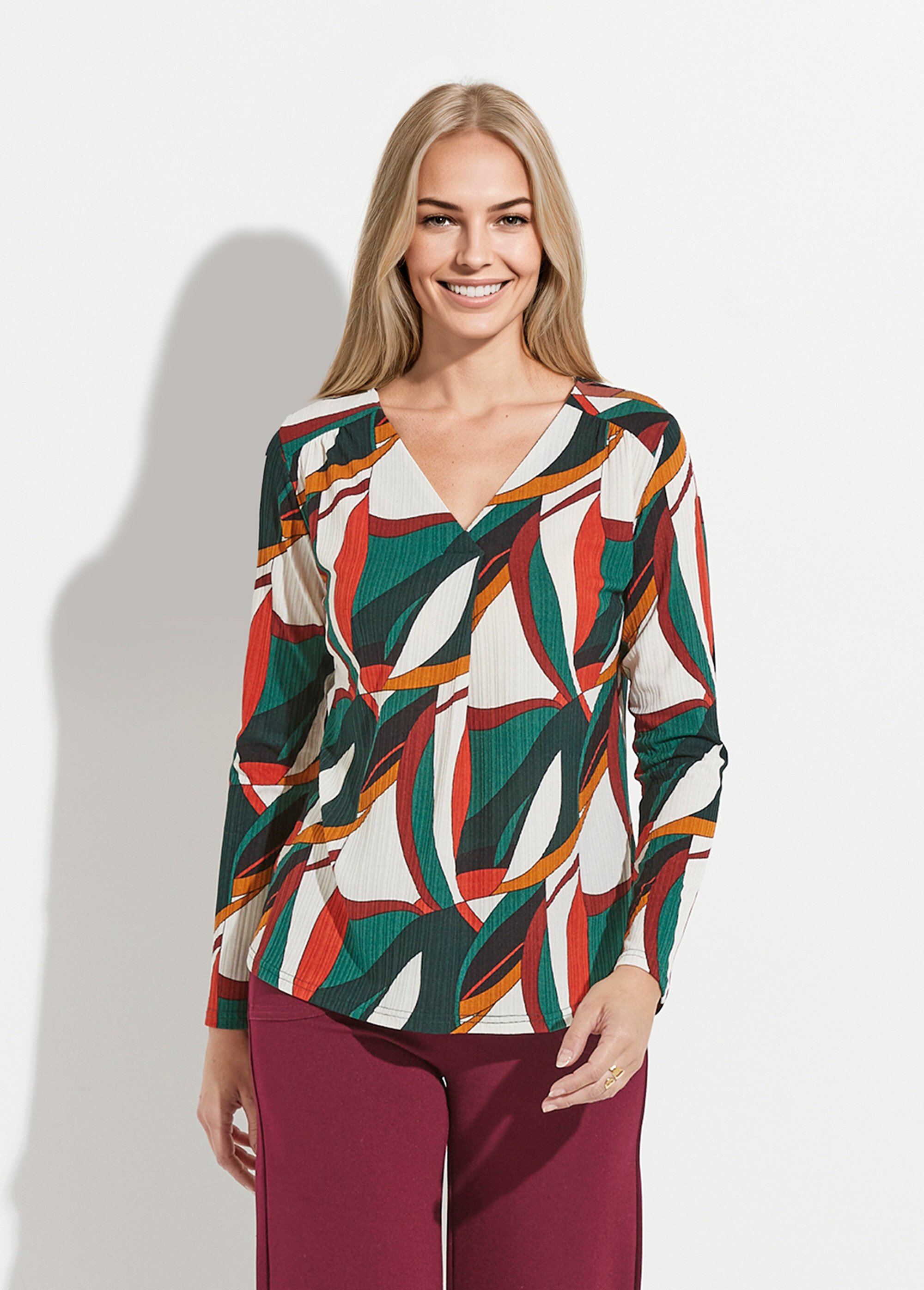 T-shirt évasé col V imprimé graphique multicolore Femme Vert CORRADO FA1